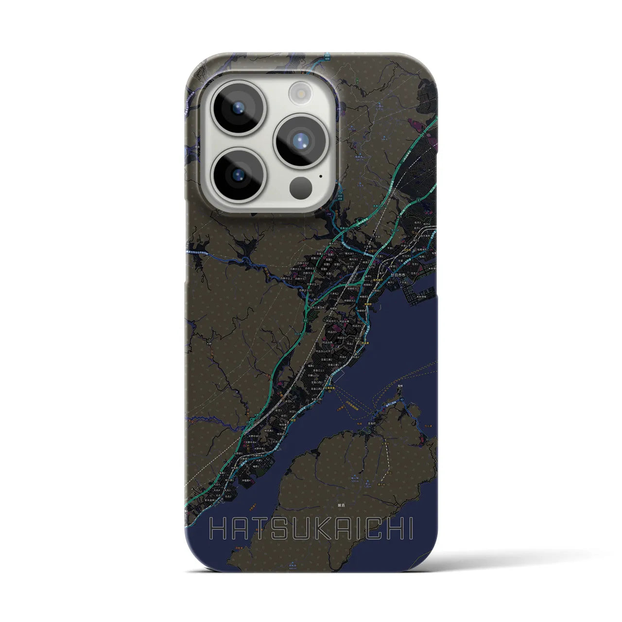 【廿日市】地図柄iPhoneケース（バックカバータイプ・ブラック）iPhone 15 Pro 用
