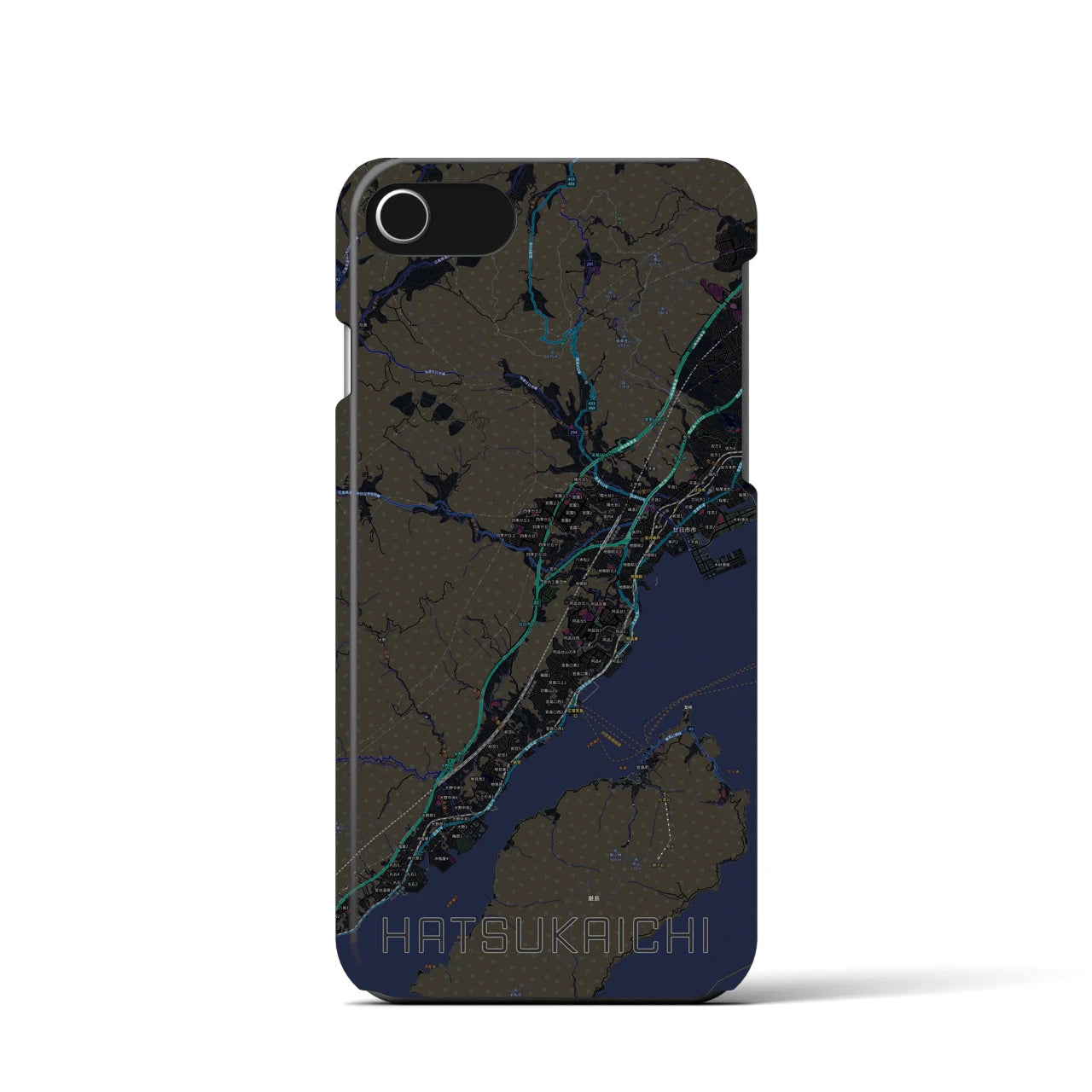 【廿日市】地図柄iPhoneケース（バックカバータイプ・ブラック）iPhone SE（第3 / 第2世代） / 8 / 7 / 6s / 6 用