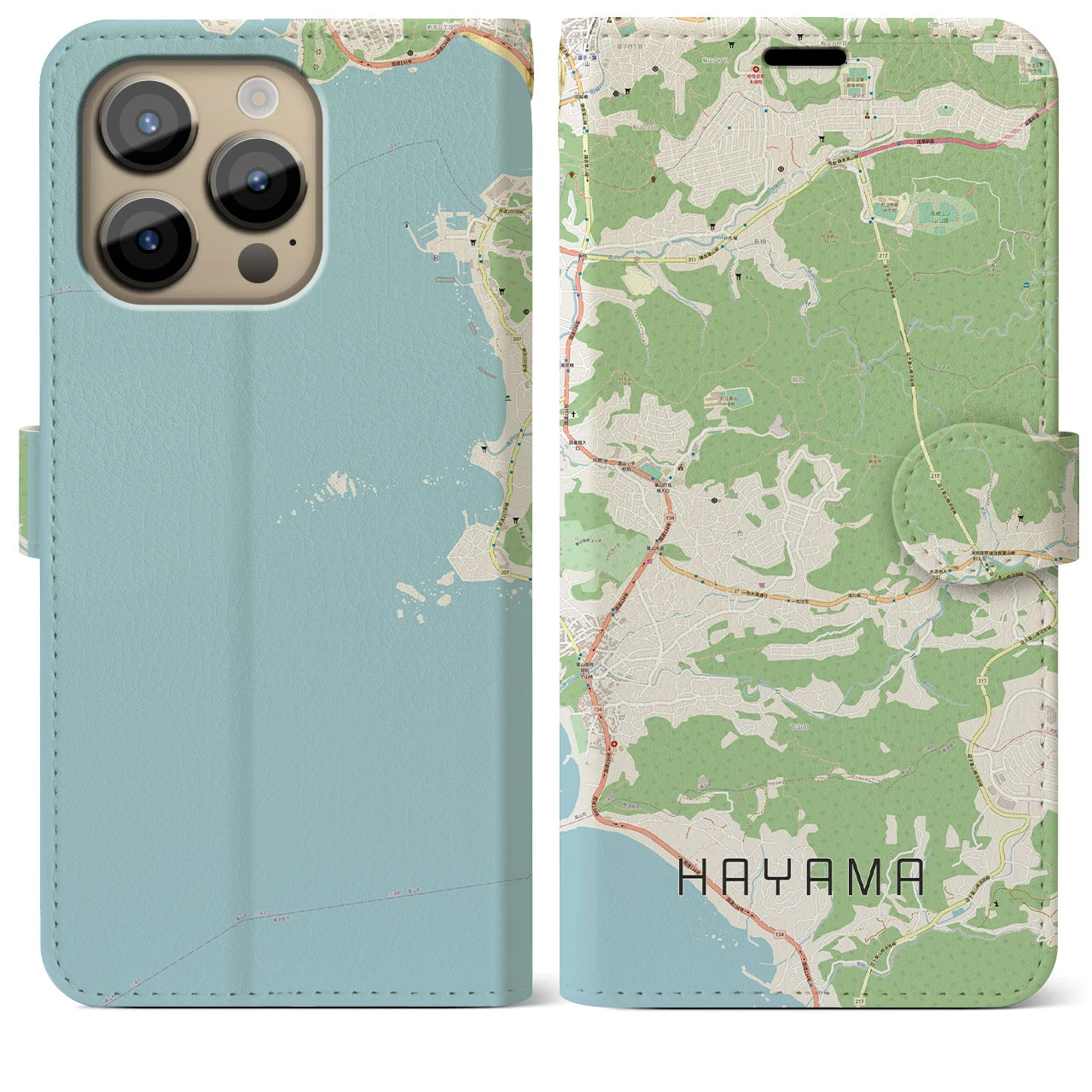 【葉山】地図柄iPhoneケース（手帳両面タイプ・ナチュラル）iPhone 14 Pro Max 用