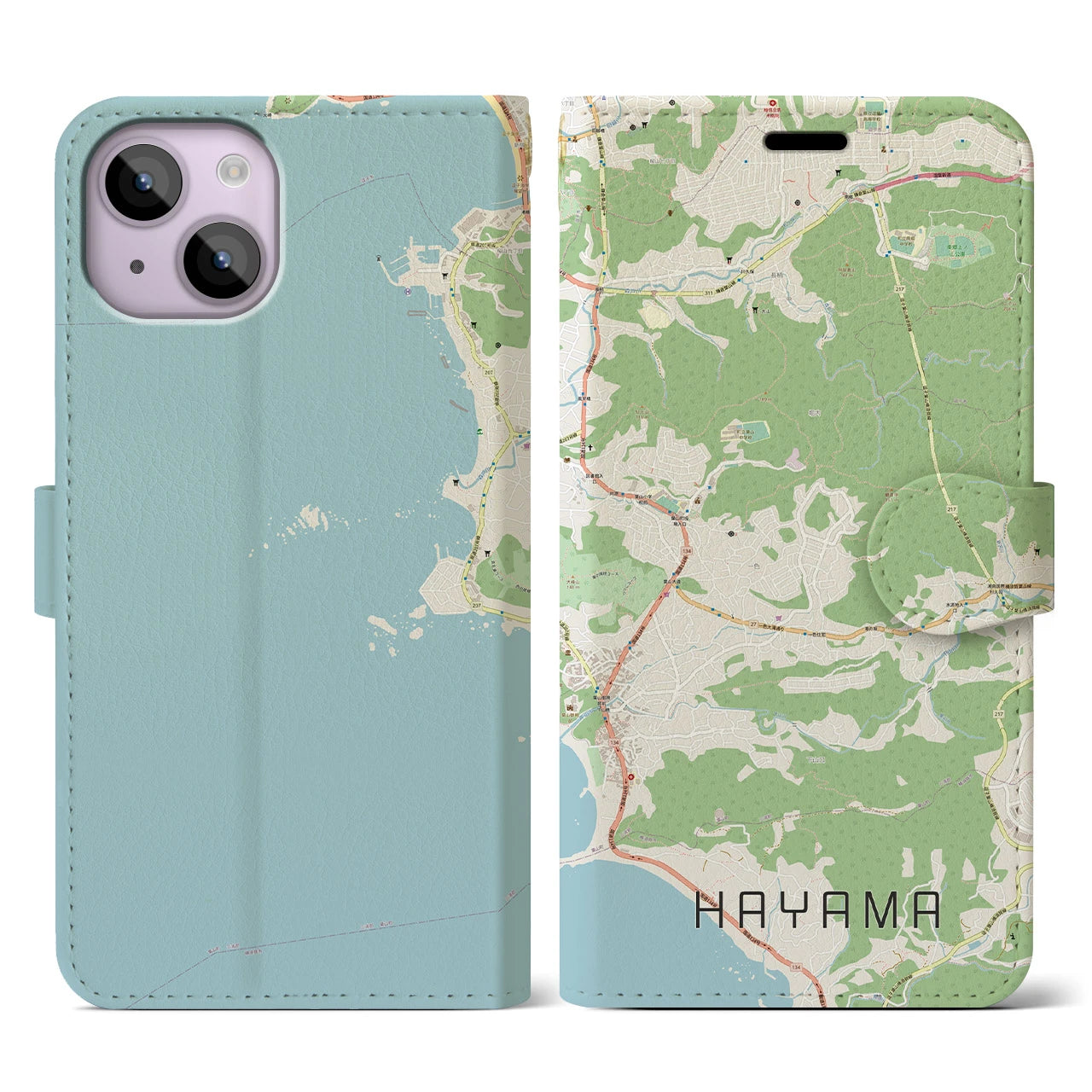 【葉山】地図柄iPhoneケース（手帳両面タイプ・ナチュラル）iPhone 14 用