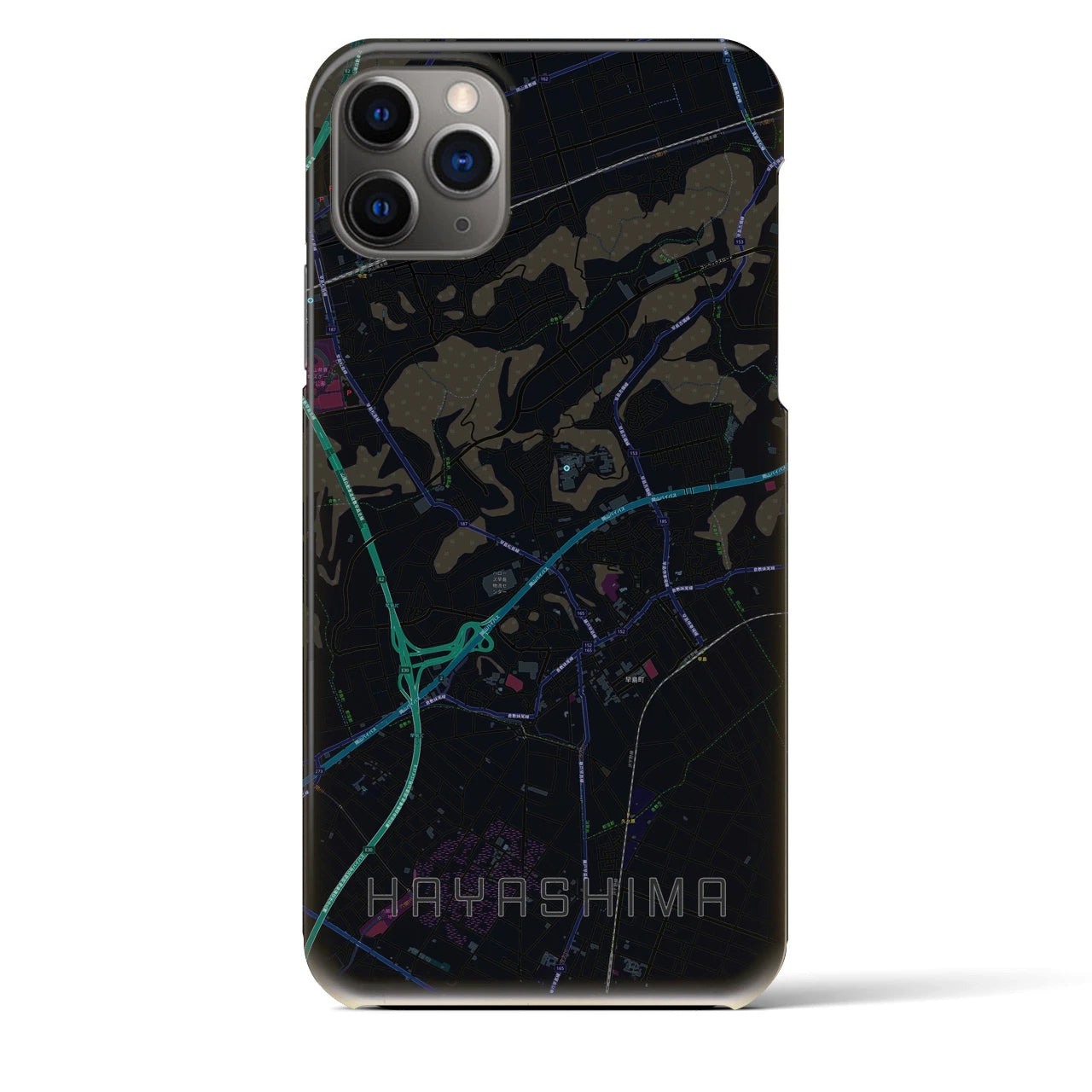 【早島】地図柄iPhoneケース（バックカバータイプ・ブラック）iPhone 11 Pro Max 用