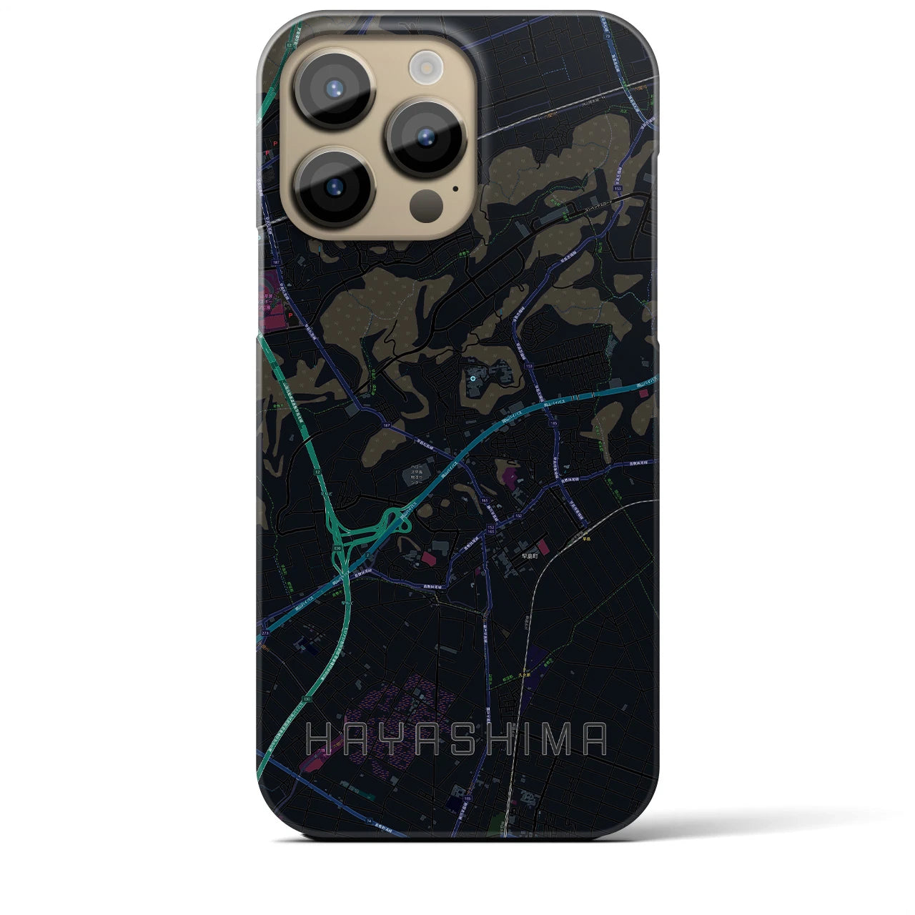【早島】地図柄iPhoneケース（バックカバータイプ・ブラック）iPhone 14 Pro Max 用