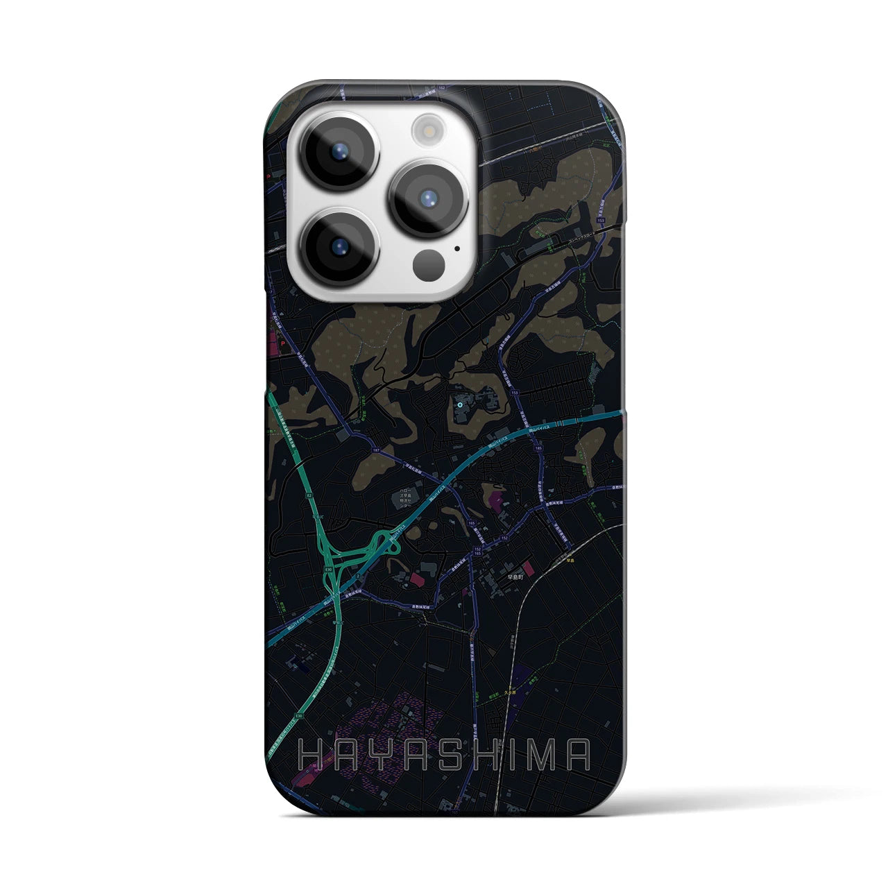 【早島】地図柄iPhoneケース（バックカバータイプ・ブラック）iPhone 14 Pro 用