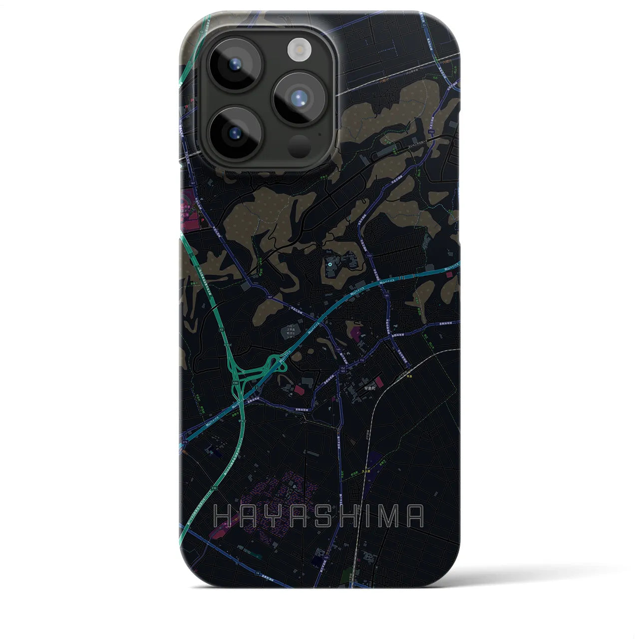 【早島】地図柄iPhoneケース（バックカバータイプ・ブラック）iPhone 15 Pro Max 用