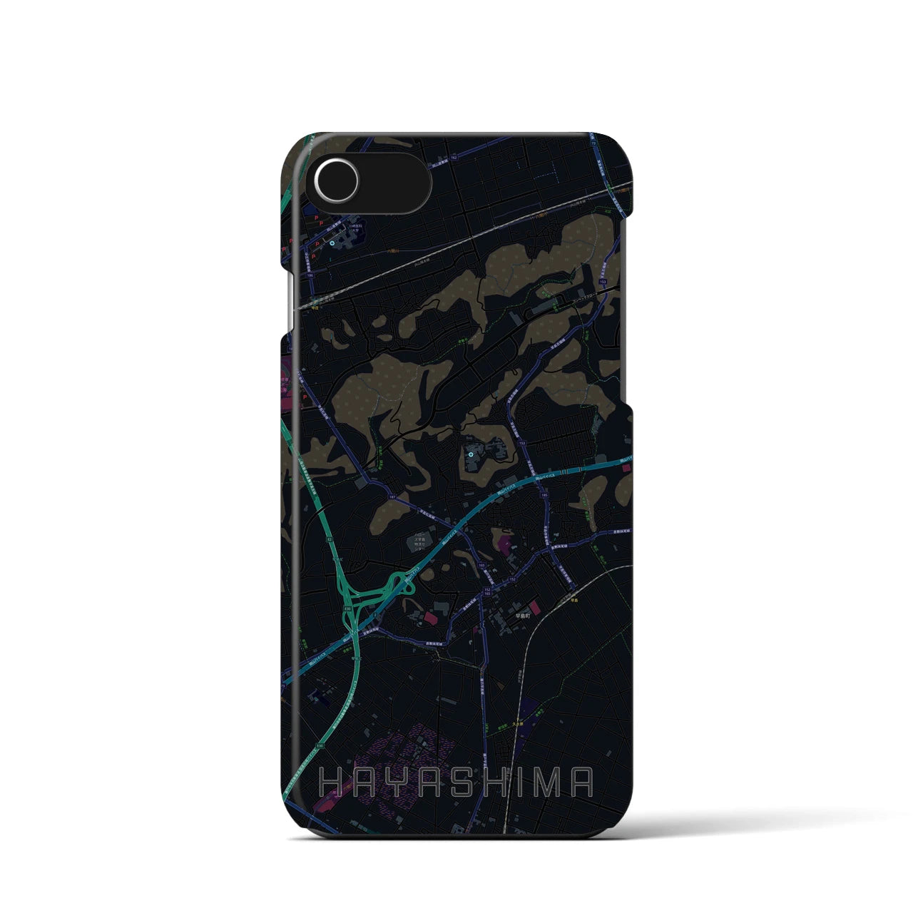 【早島】地図柄iPhoneケース（バックカバータイプ・ブラック）iPhone SE（第3 / 第2世代） / 8 / 7 / 6s / 6 用