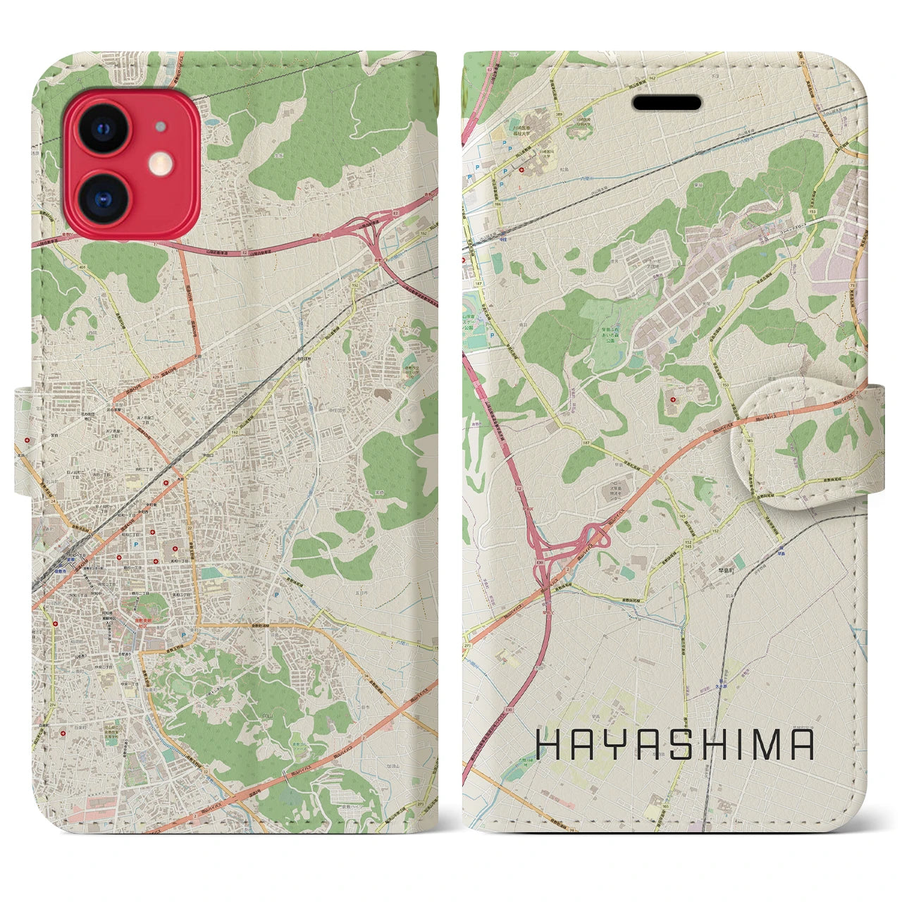 【早島】地図柄iPhoneケース（手帳両面タイプ・ナチュラル）iPhone 11 用