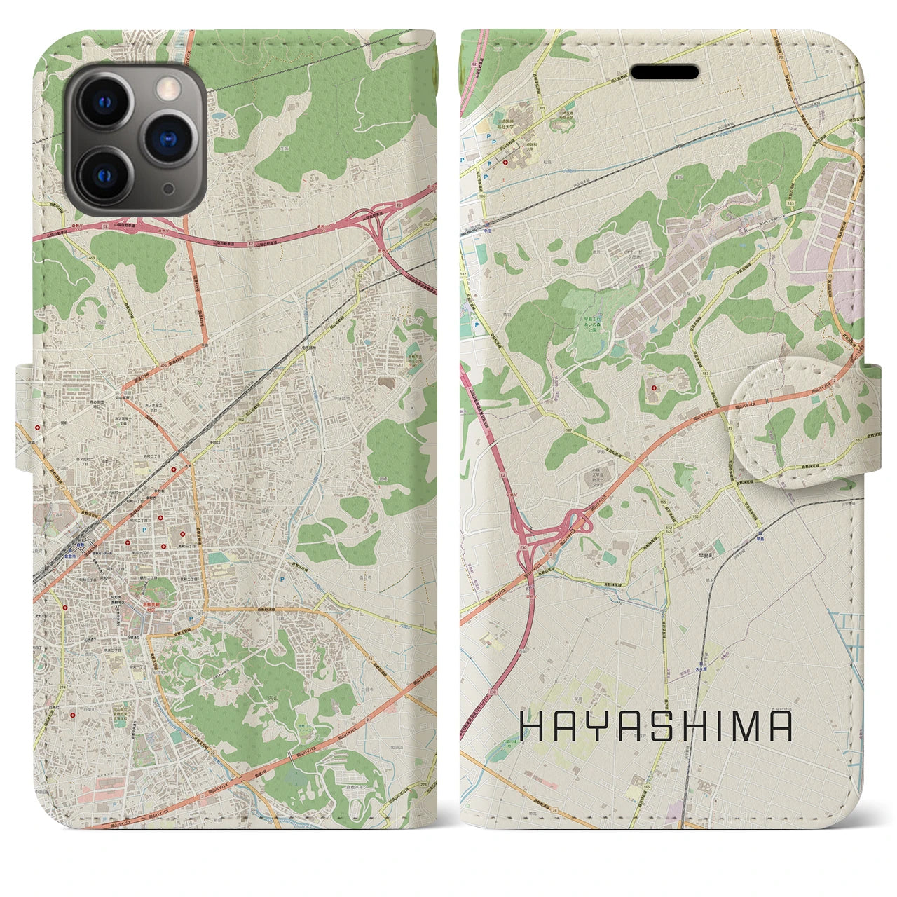 【早島】地図柄iPhoneケース（手帳両面タイプ・ナチュラル）iPhone 11 Pro Max 用