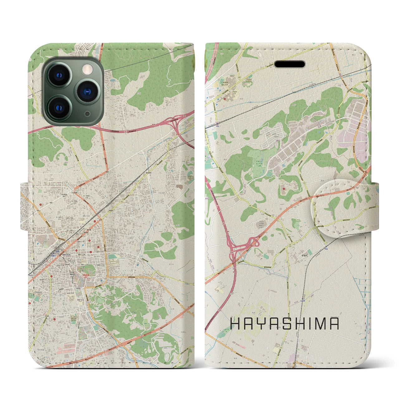 【早島】地図柄iPhoneケース（手帳両面タイプ・ナチュラル）iPhone 11 Pro 用