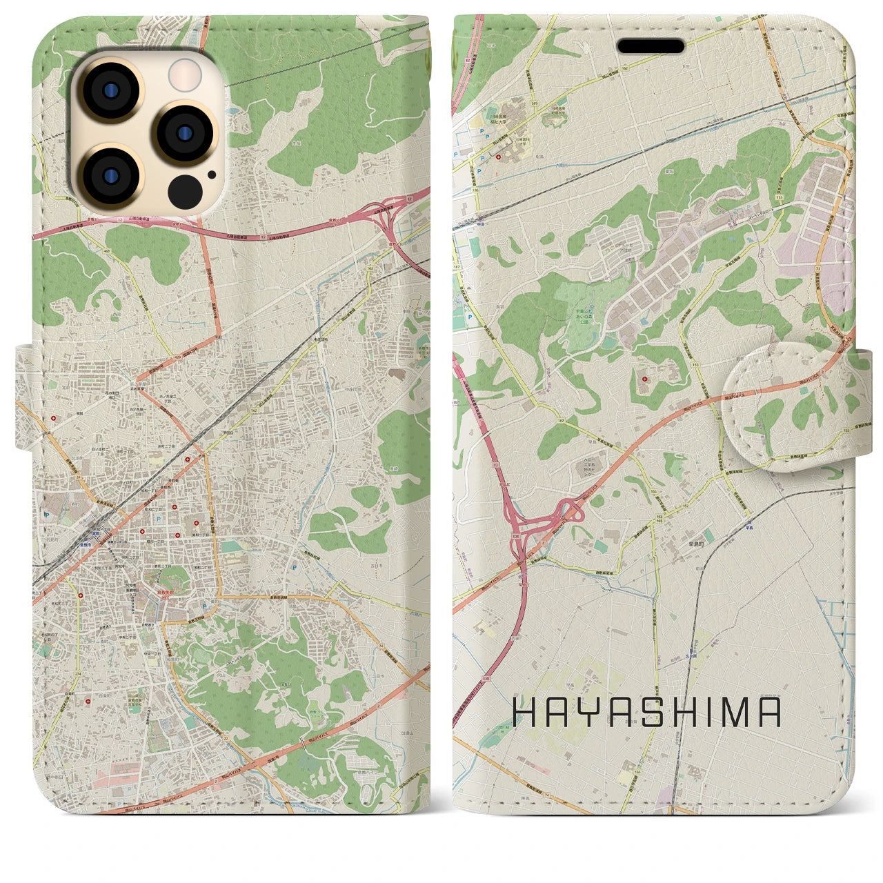 【早島】地図柄iPhoneケース（手帳両面タイプ・ナチュラル）iPhone 12 Pro Max 用