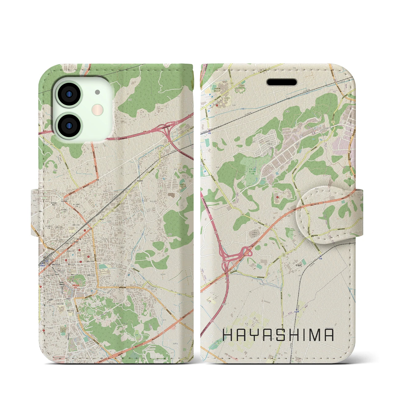 【早島】地図柄iPhoneケース（手帳両面タイプ・ナチュラル）iPhone 12 mini 用