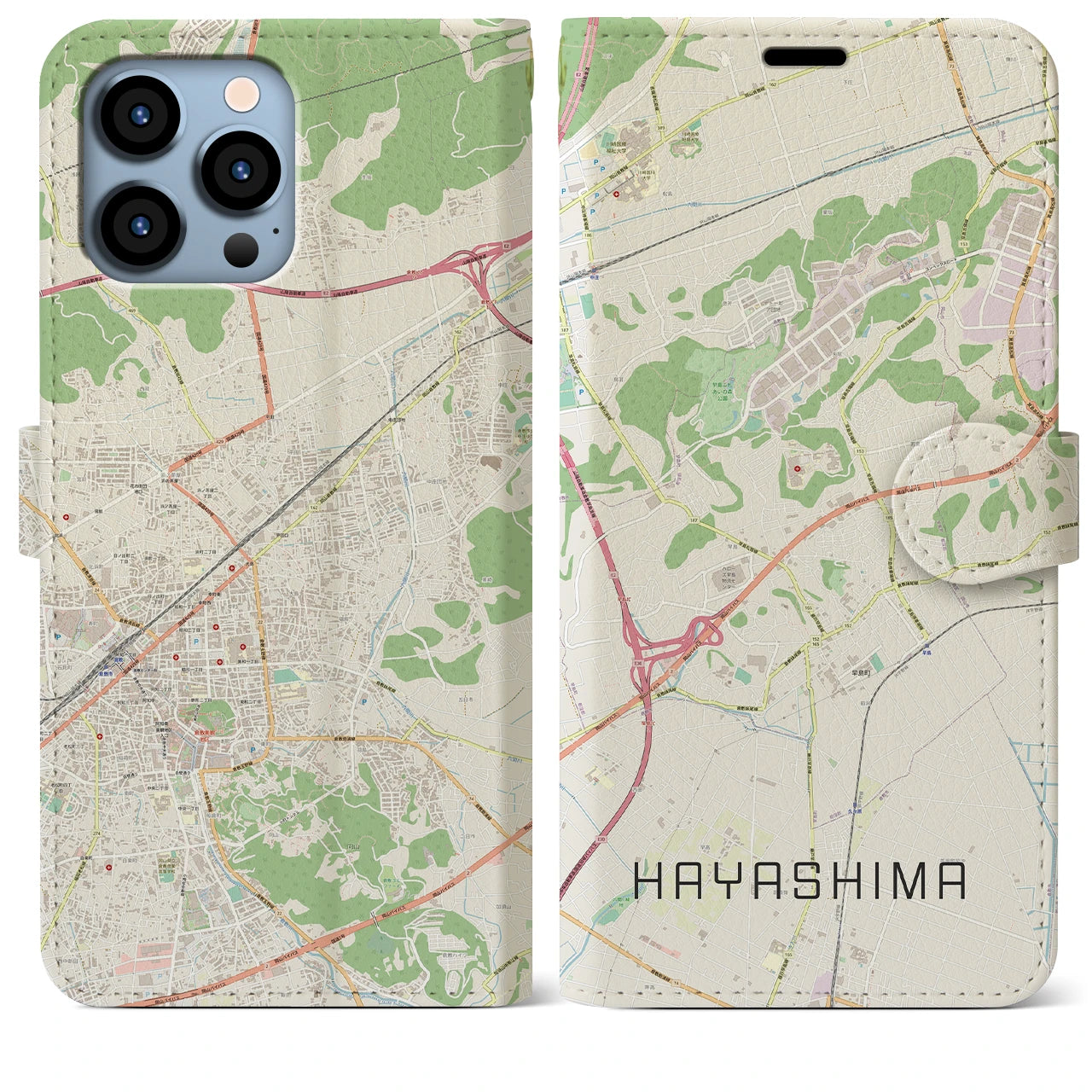 【早島】地図柄iPhoneケース（手帳両面タイプ・ナチュラル）iPhone 13 Pro Max 用
