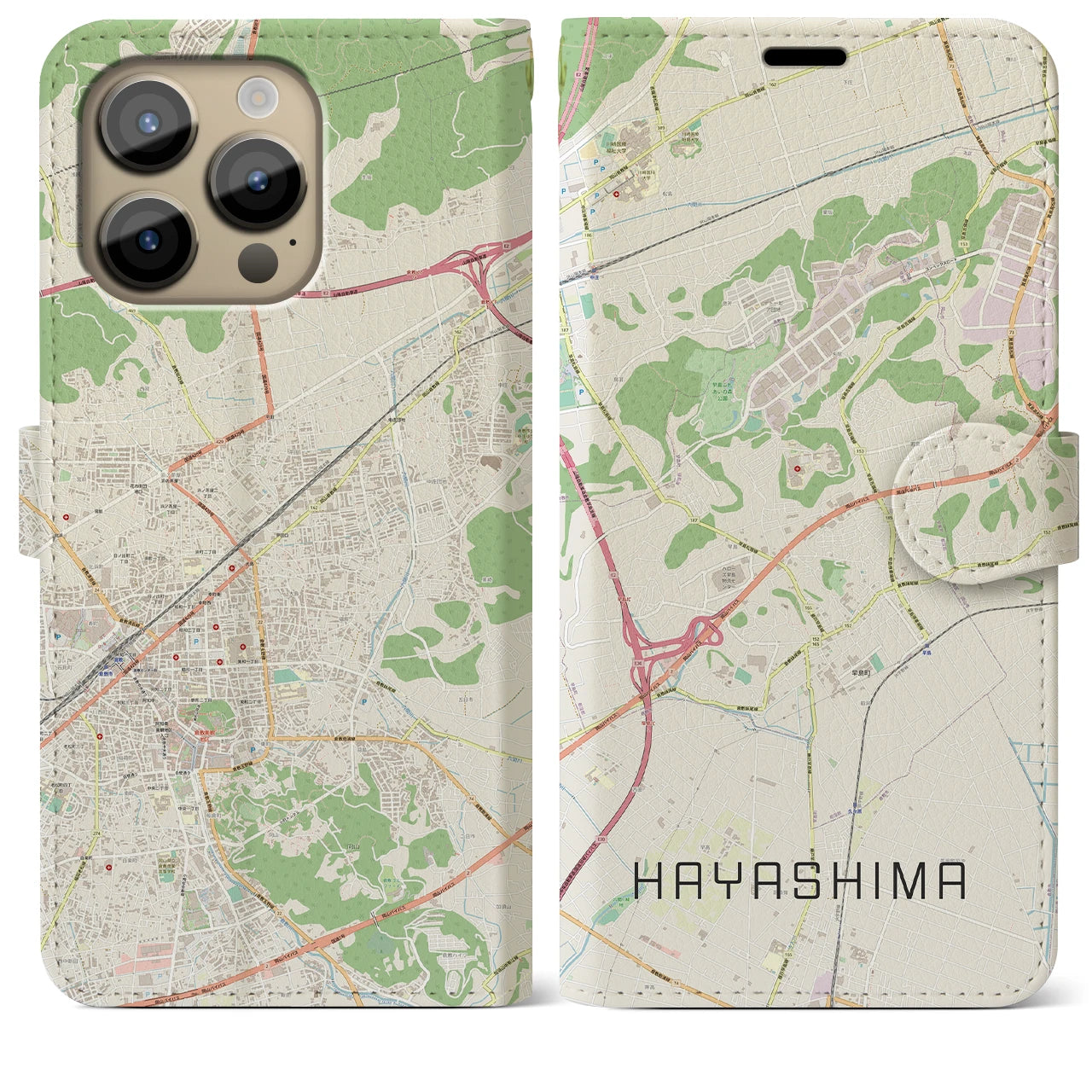 【早島】地図柄iPhoneケース（手帳両面タイプ・ナチュラル）iPhone 14 Pro Max 用