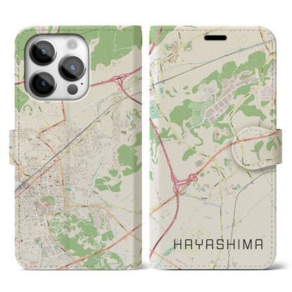 【早島（岡山県）】地図柄iPhoneケース（手帳タイプ）ナチュラル・iPhone 14 Pro 用