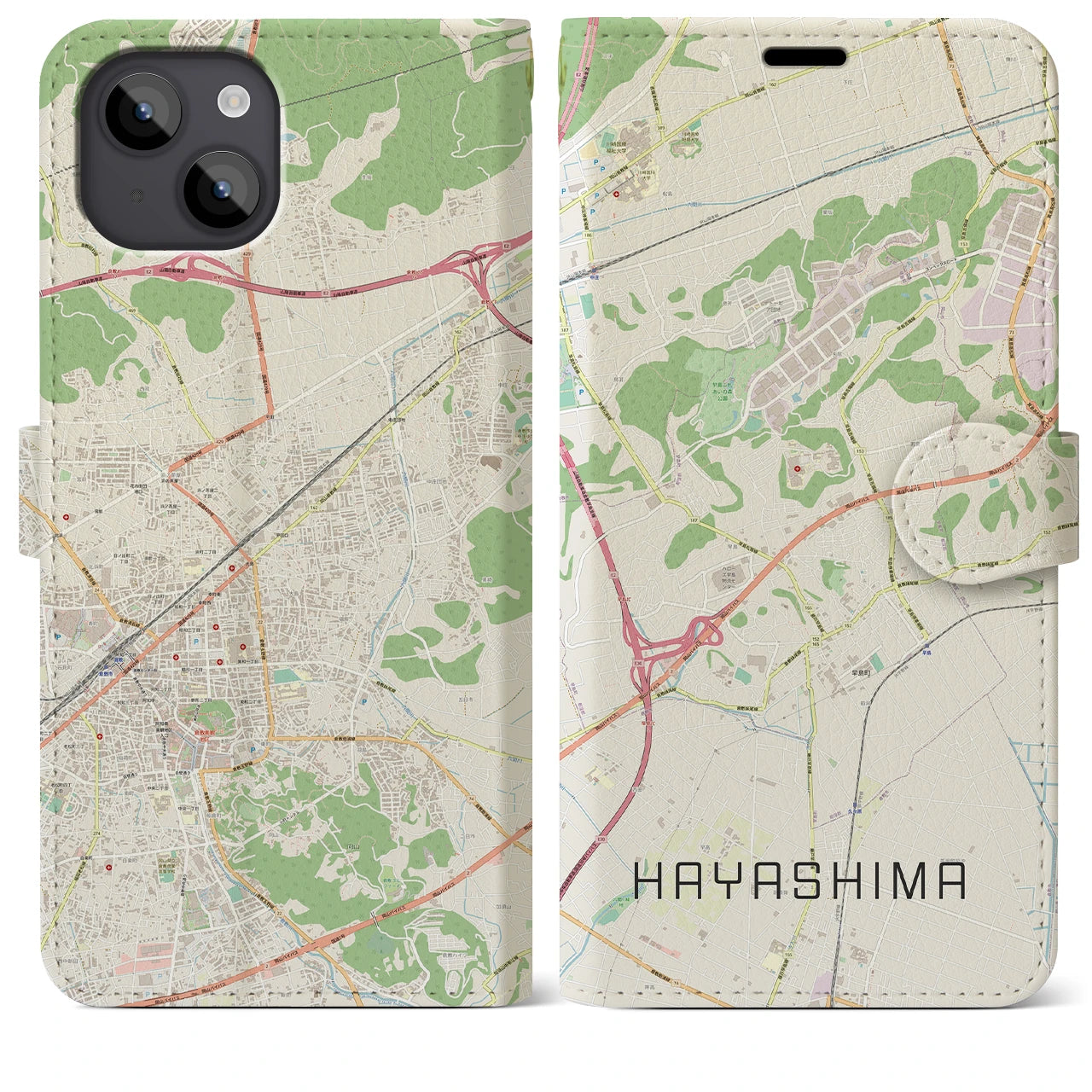 【早島】地図柄iPhoneケース（手帳両面タイプ・ナチュラル）iPhone 14 Plus 用