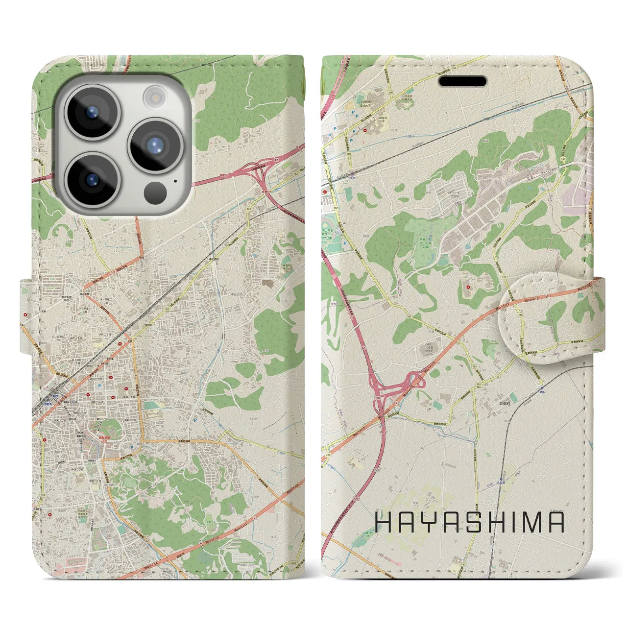 【早島】地図柄iPhoneケース（手帳両面タイプ・ナチュラル）iPhone 15 Pro 用