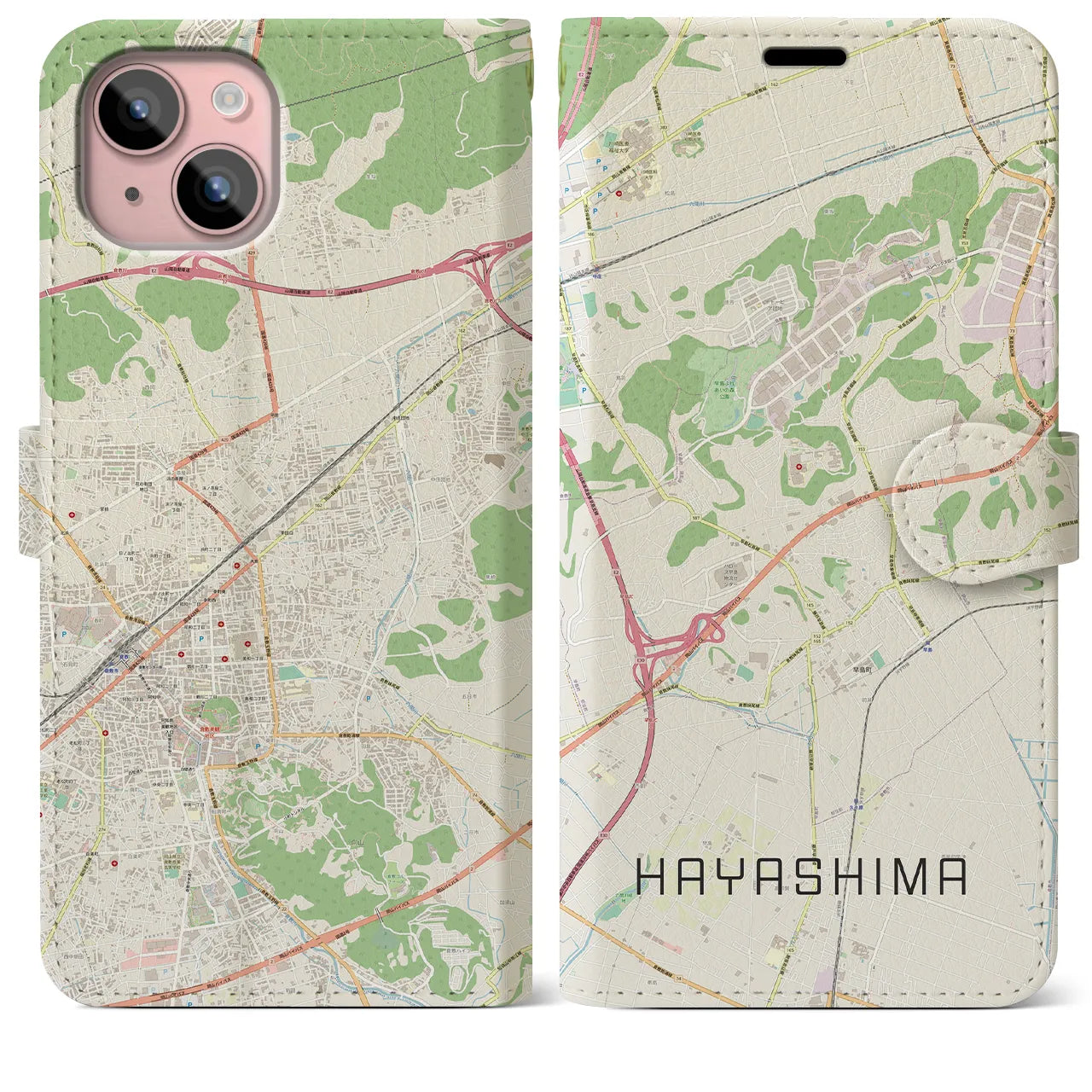 【早島】地図柄iPhoneケース（手帳両面タイプ・ナチュラル）iPhone 15 Plus 用