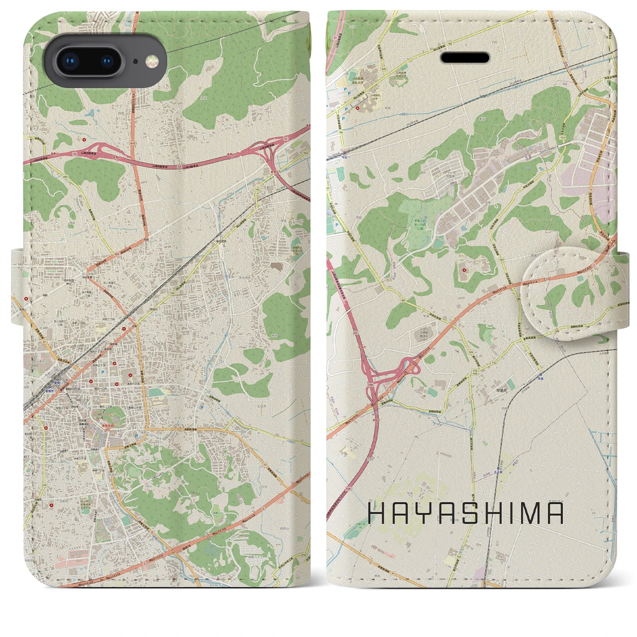 【早島】地図柄iPhoneケース（手帳両面タイプ・ナチュラル）iPhone 8Plus /7Plus / 6sPlus / 6Plus 用