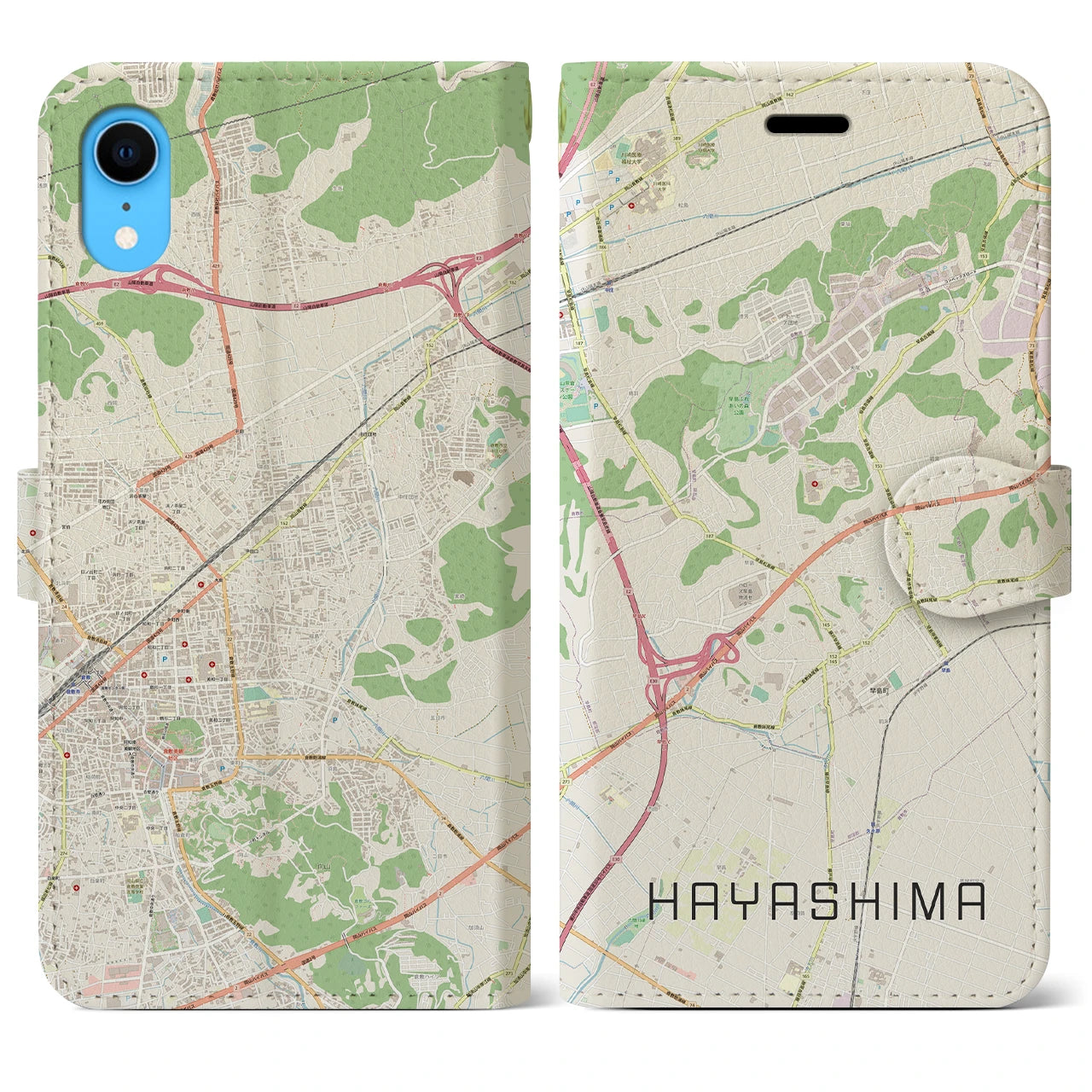 【早島】地図柄iPhoneケース（手帳両面タイプ・ナチュラル）iPhone XR 用