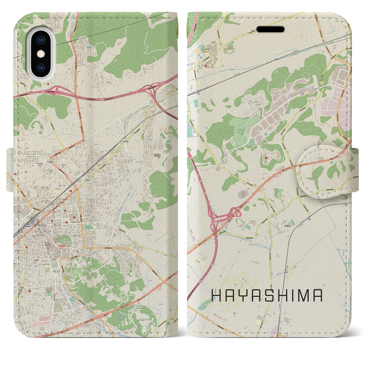【早島】地図柄iPhoneケース（手帳両面タイプ・ナチュラル）iPhone XS Max 用