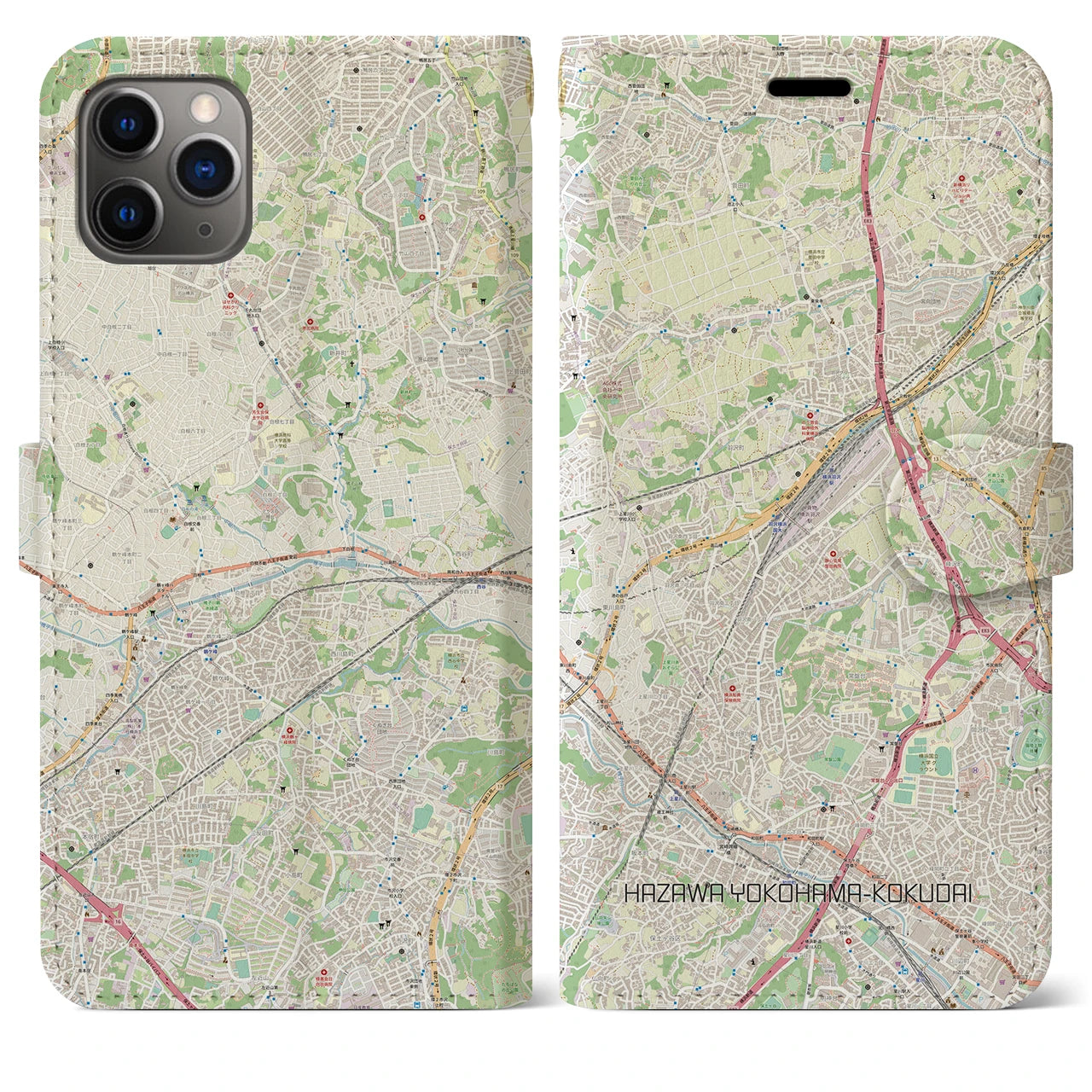 【羽沢横浜国大】地図柄iPhoneケース（手帳両面タイプ・ナチュラル）iPhone 11 Pro Max 用