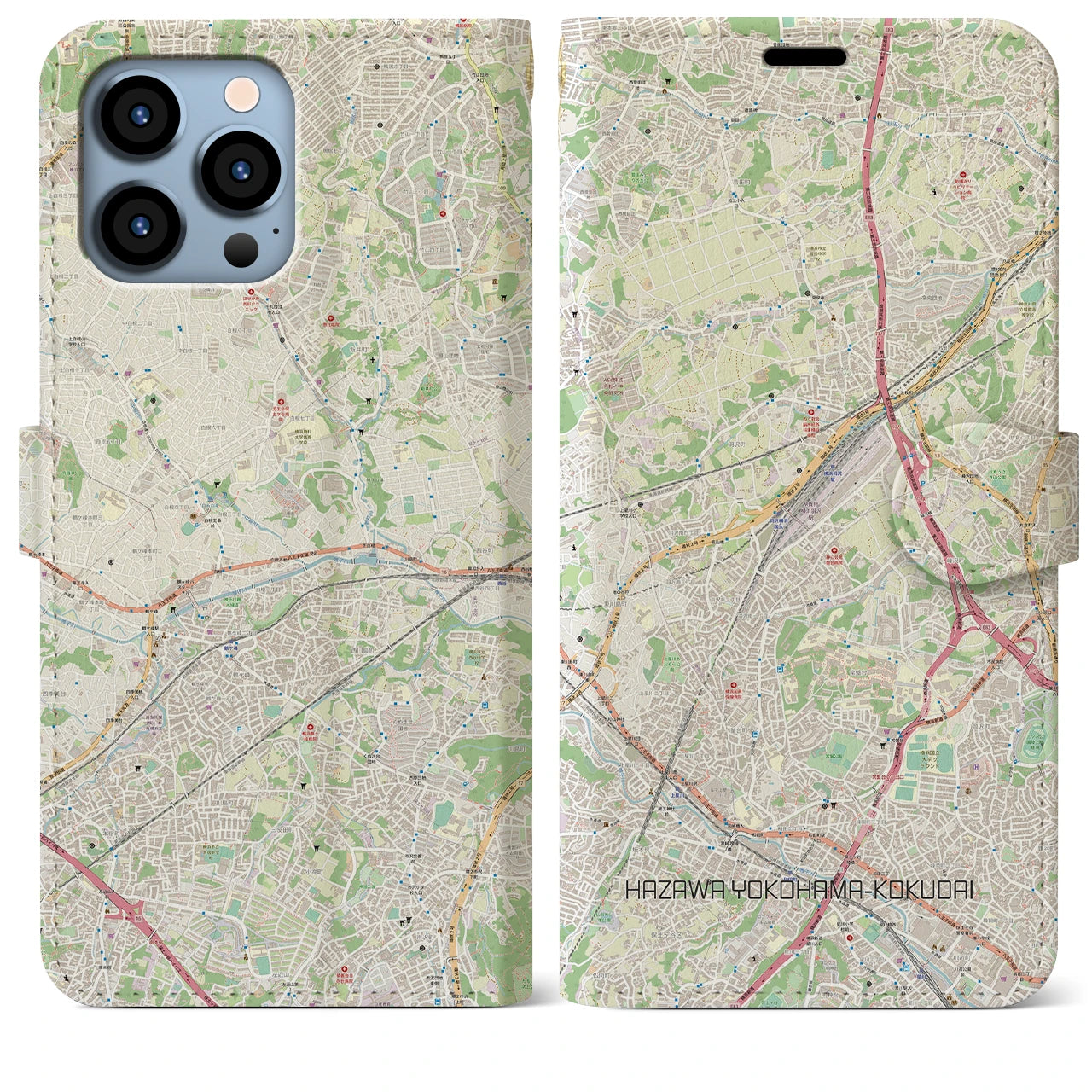 【羽沢横浜国大】地図柄iPhoneケース（手帳両面タイプ・ナチュラル）iPhone 13 Pro Max 用