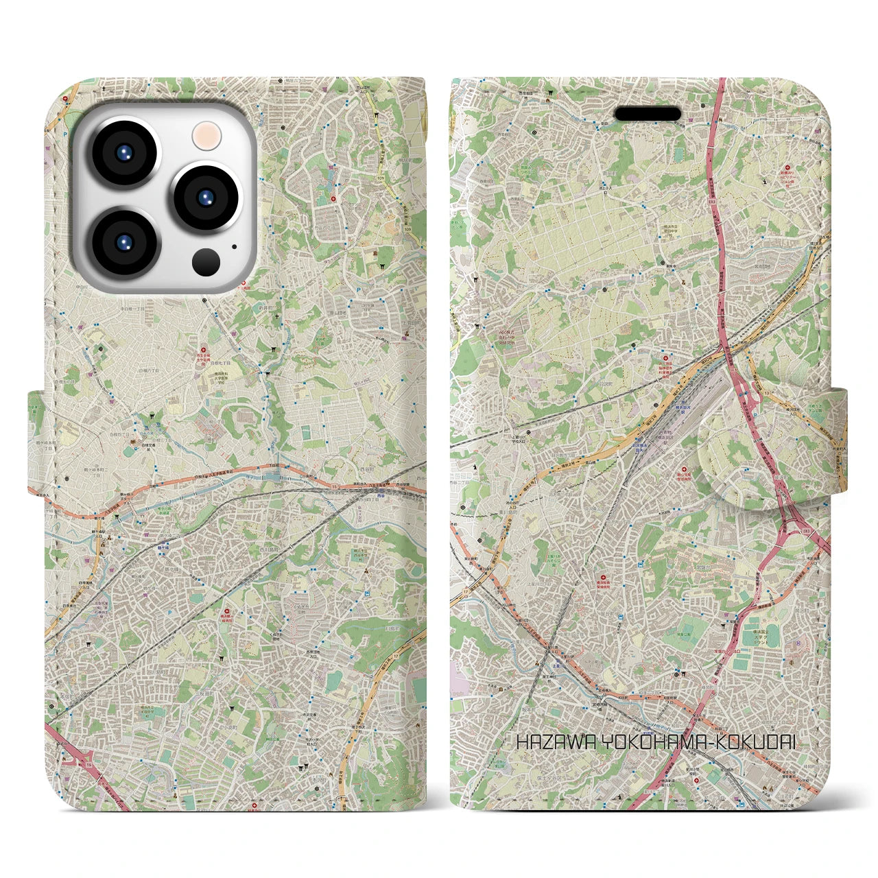 【羽沢横浜国大】地図柄iPhoneケース（手帳両面タイプ・ナチュラル）iPhone 13 Pro 用