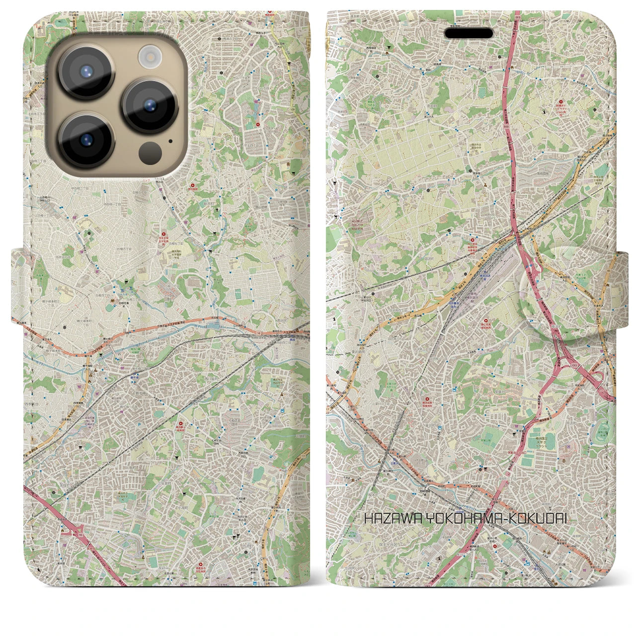 【羽沢横浜国大】地図柄iPhoneケース（手帳両面タイプ・ナチュラル）iPhone 14 Pro Max 用