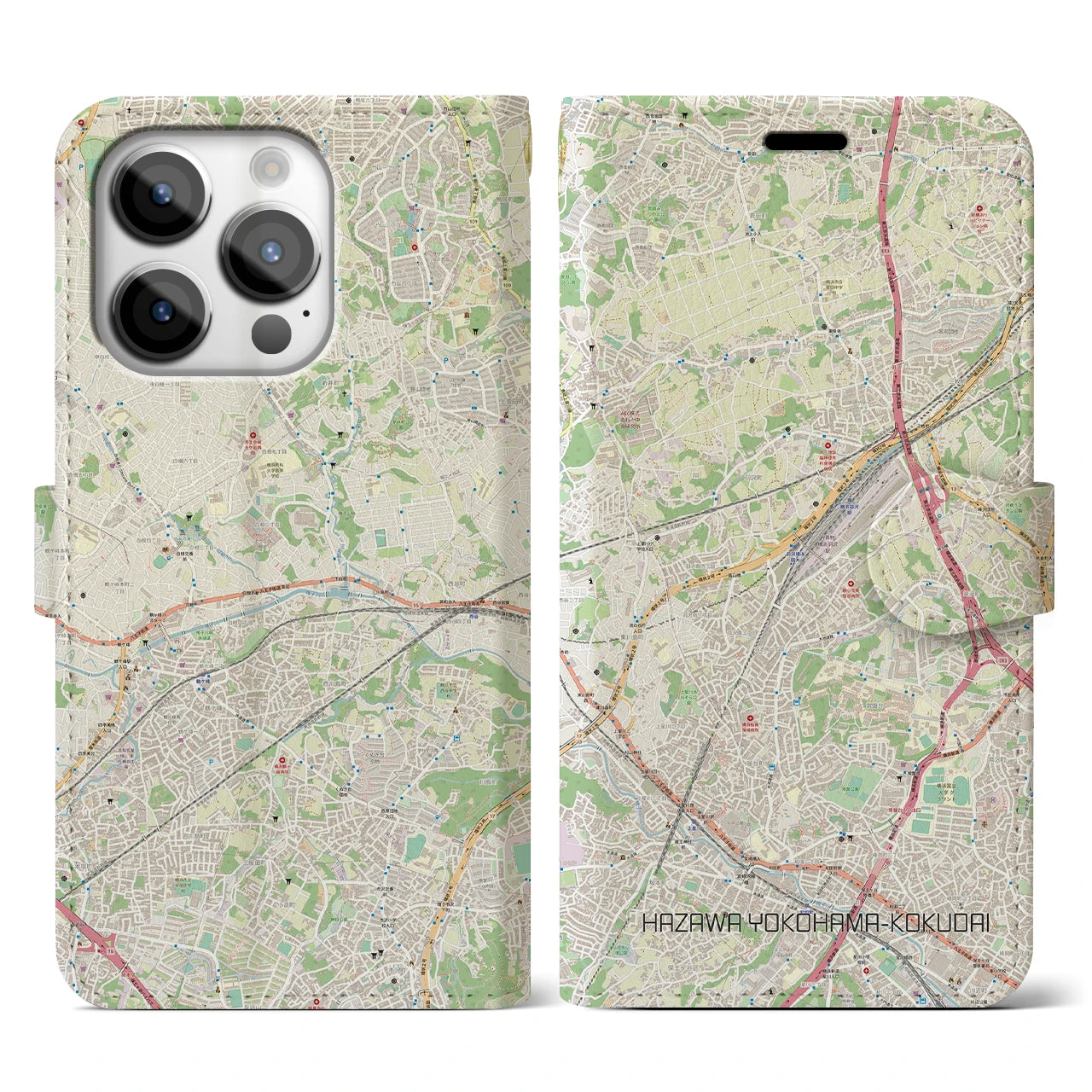 【羽沢横浜国大】地図柄iPhoneケース（手帳両面タイプ・ナチュラル）iPhone 14 Pro 用