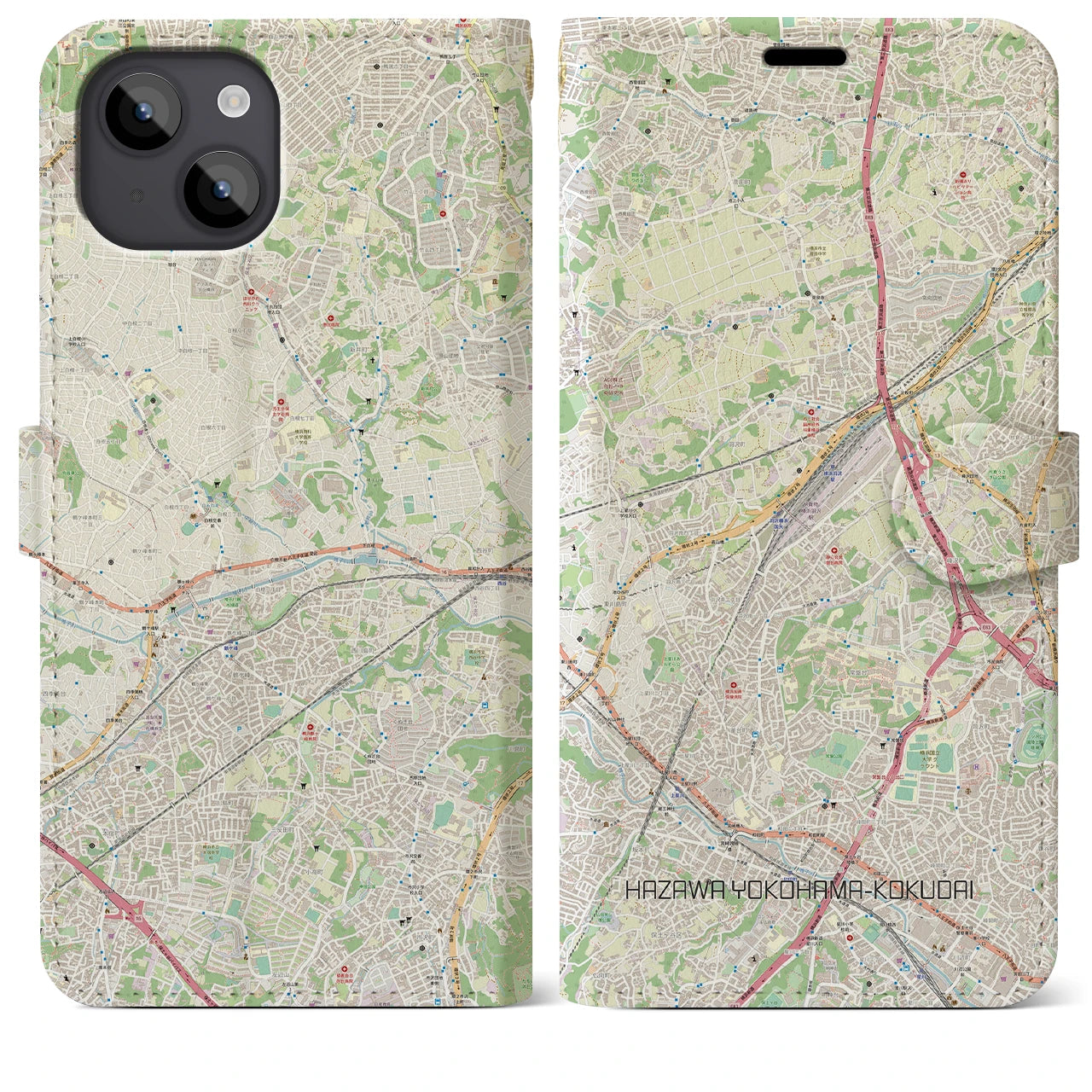 【羽沢横浜国大】地図柄iPhoneケース（手帳両面タイプ・ナチュラル）iPhone 14 Plus 用