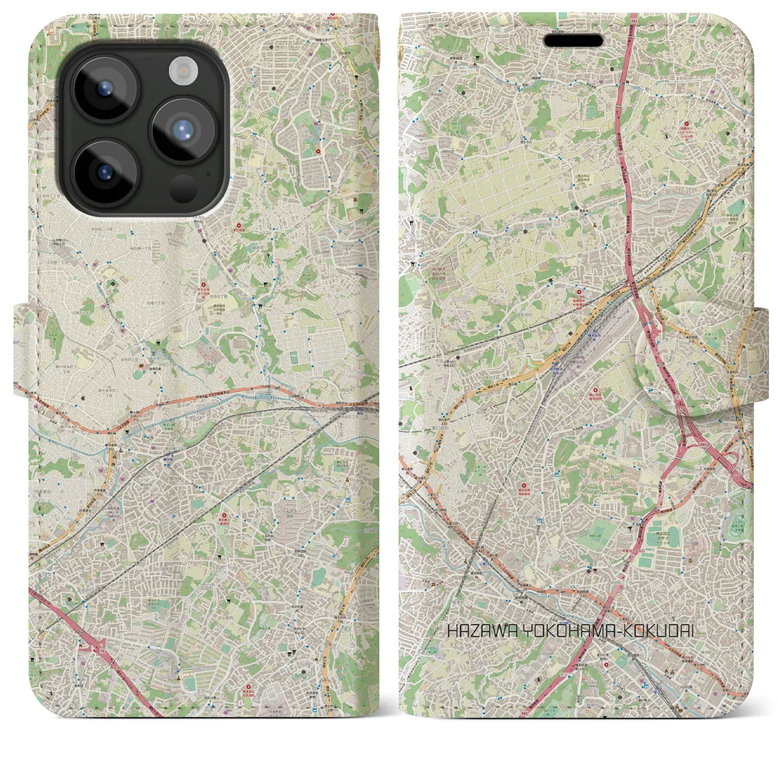 【羽沢横浜国大】地図柄iPhoneケース（手帳両面タイプ・ナチュラル）iPhone 15 Pro Max 用