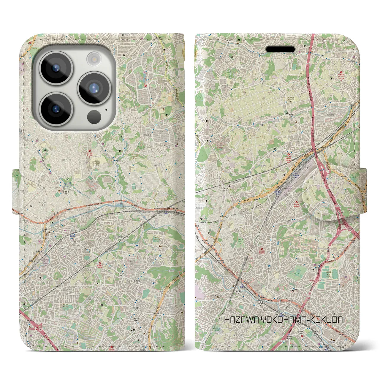 【羽沢横浜国大】地図柄iPhoneケース（手帳両面タイプ・ナチュラル）iPhone 15 Pro 用