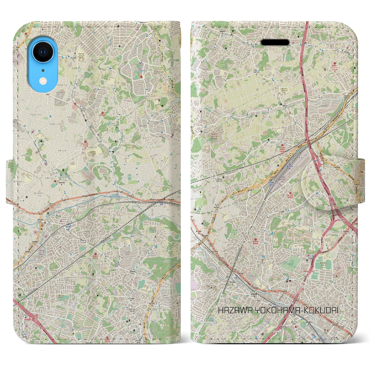 【羽沢横浜国大】地図柄iPhoneケース（手帳両面タイプ・ナチュラル）iPhone XR 用