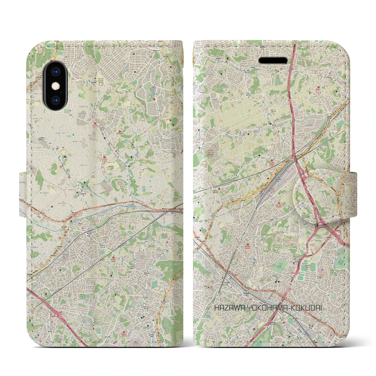【羽沢横浜国大】地図柄iPhoneケース（手帳両面タイプ・ナチュラル）iPhone XS / X 用