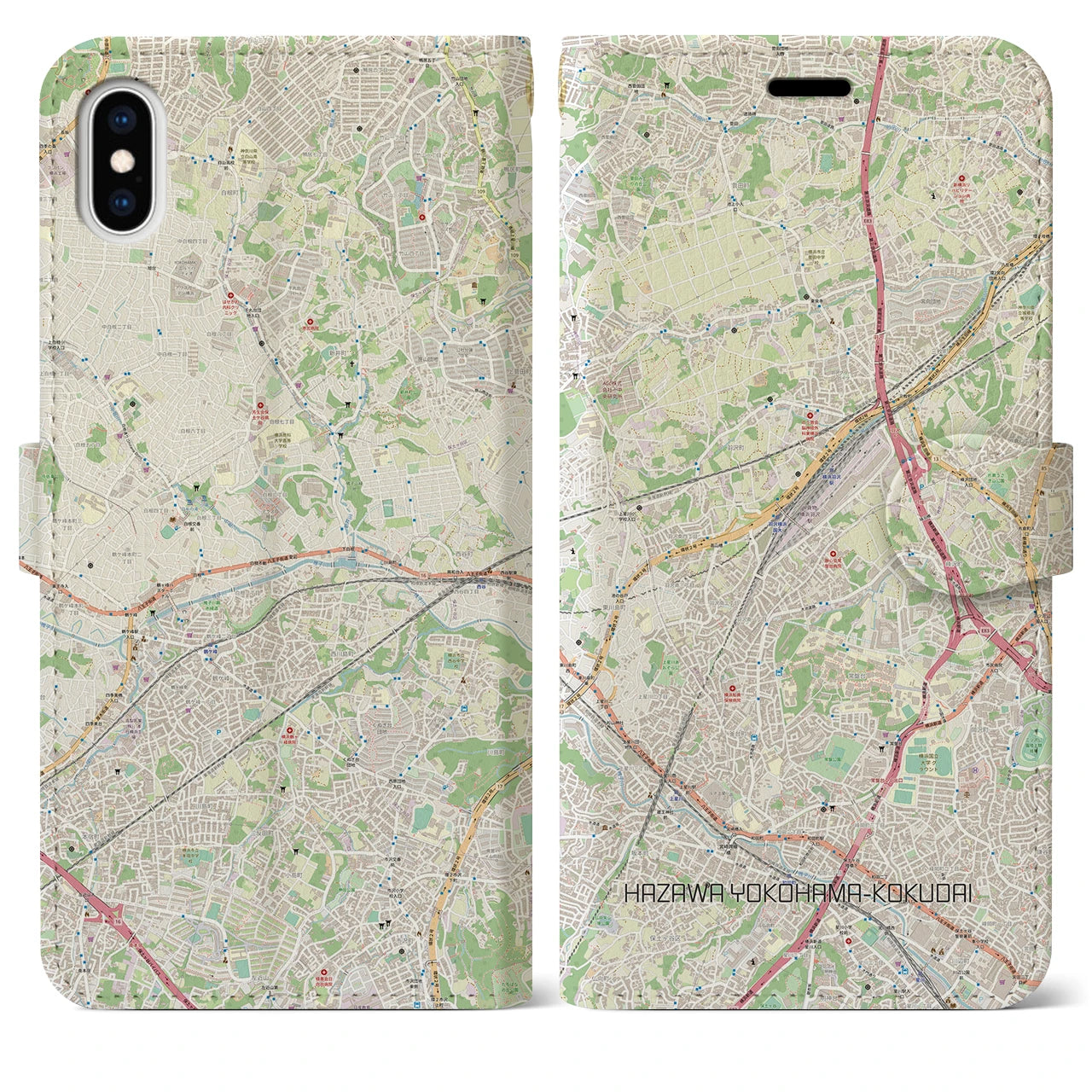 【羽沢横浜国大】地図柄iPhoneケース（手帳両面タイプ・ナチュラル）iPhone XS Max 用
