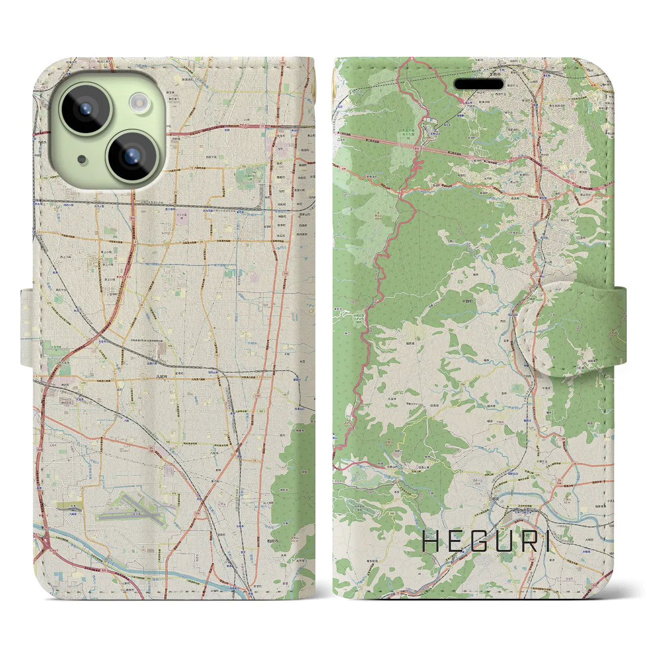 【平群】地図柄iPhoneケース（手帳両面タイプ・ナチュラル）iPhone 15 用