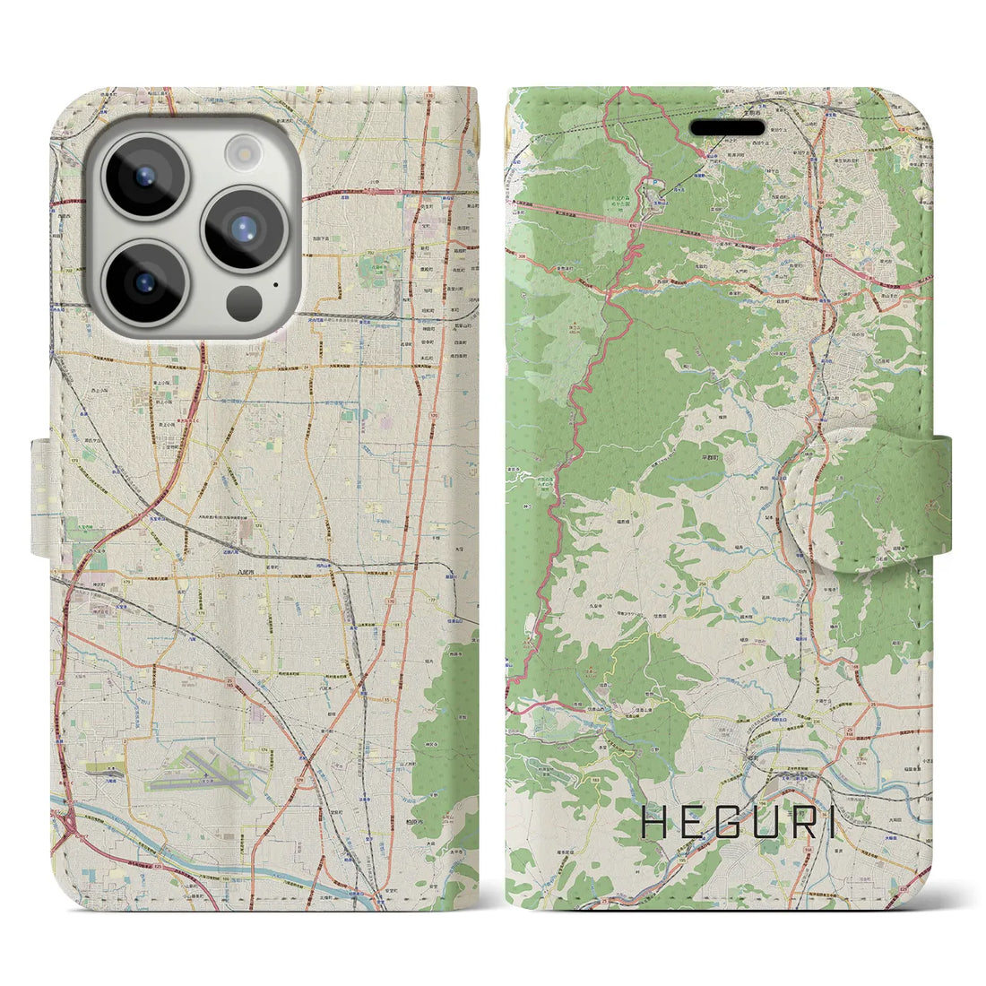 【平群】地図柄iPhoneケース（手帳両面タイプ・ナチュラル）iPhone 15 Pro 用