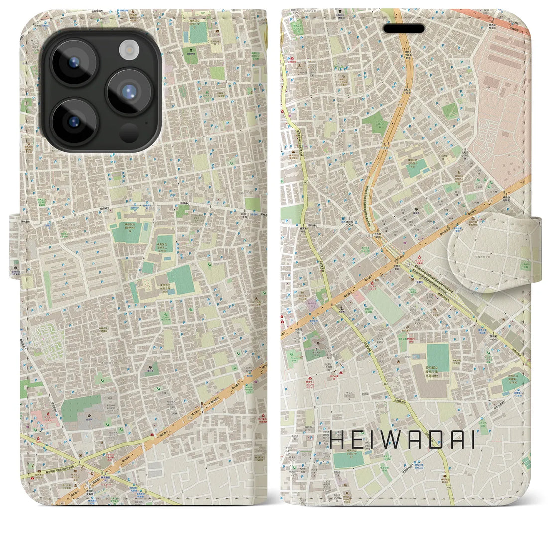 【平和台】地図柄iPhoneケース（手帳両面タイプ・ナチュラル）iPhone 15 Pro Max 用