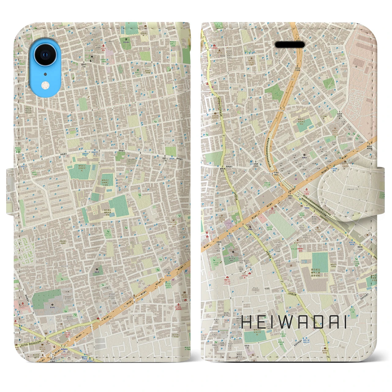 【平和台】地図柄iPhoneケース（手帳両面タイプ・ナチュラル）iPhone XR 用