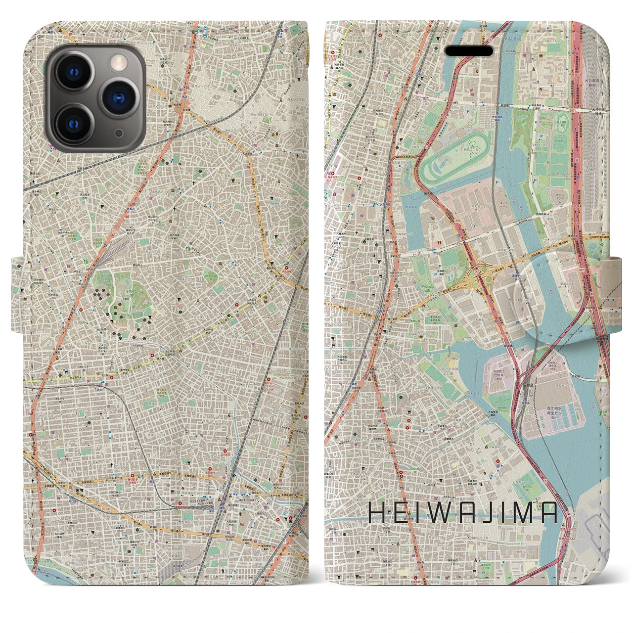 【平和島】地図柄iPhoneケース（手帳両面タイプ・ナチュラル）iPhone 11 Pro Max 用