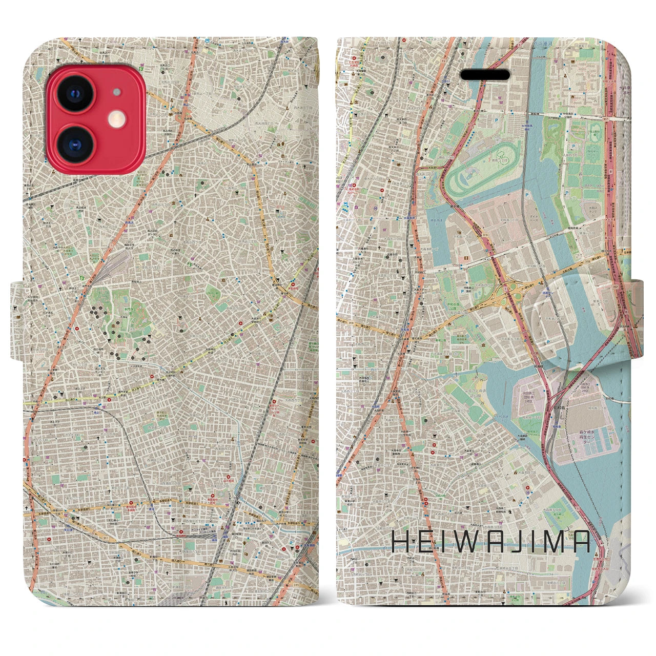 【平和島】地図柄iPhoneケース（手帳両面タイプ・ナチュラル）iPhone 11 用