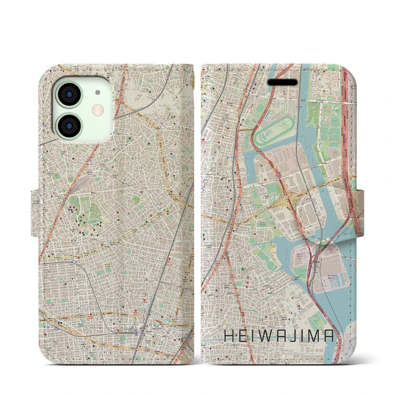 【平和島】地図柄iPhoneケース（手帳両面タイプ・ナチュラル）iPhone 12 mini 用