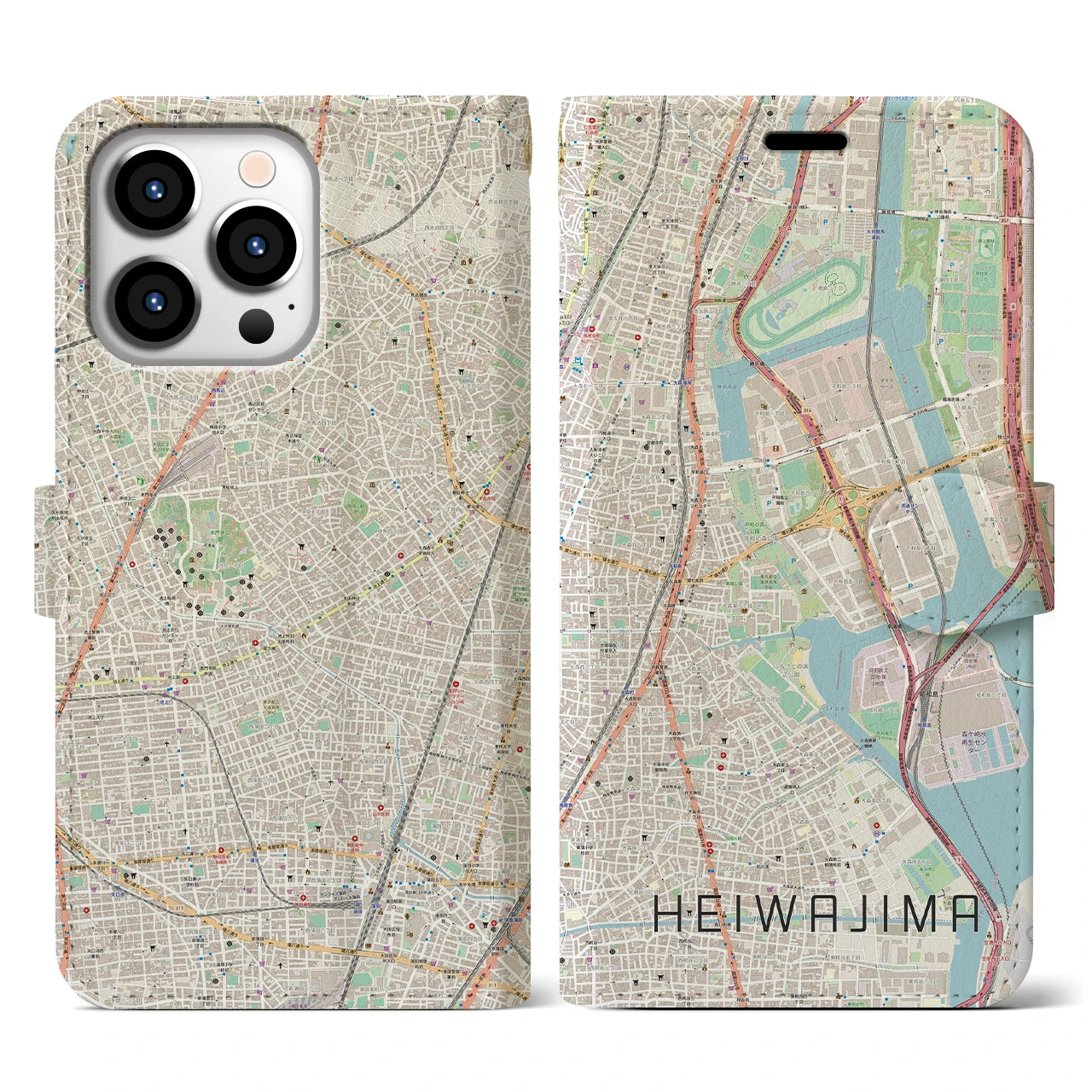 【平和島】地図柄iPhoneケース（手帳両面タイプ・ナチュラル）iPhone 13 Pro 用