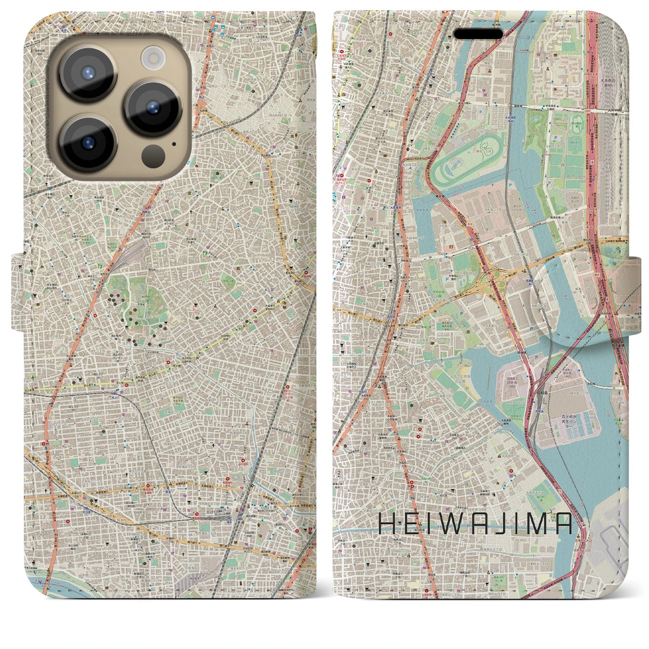 【平和島】地図柄iPhoneケース（手帳両面タイプ・ナチュラル）iPhone 14 Pro Max 用