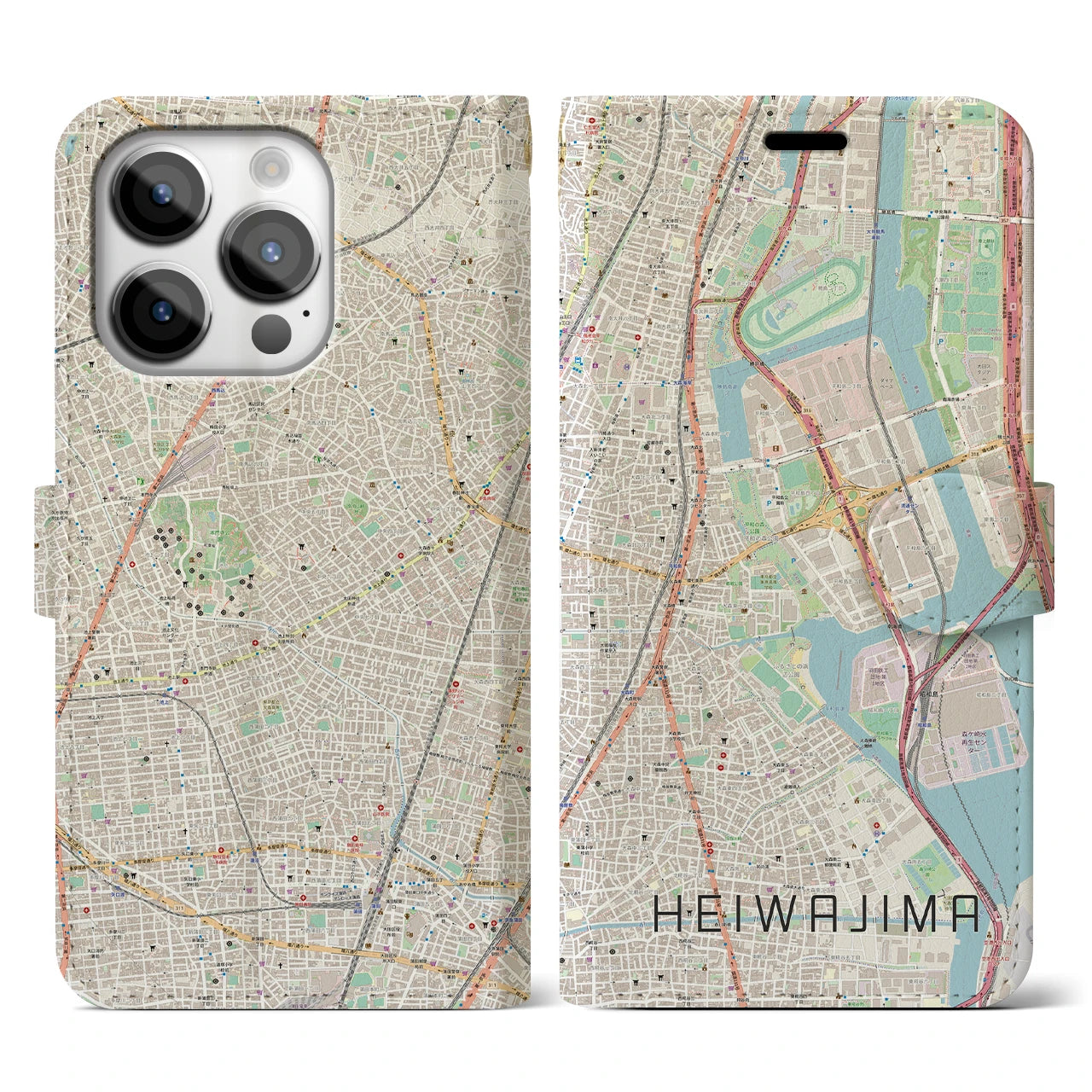 【平和島】地図柄iPhoneケース（手帳両面タイプ・ナチュラル）iPhone 14 Pro 用