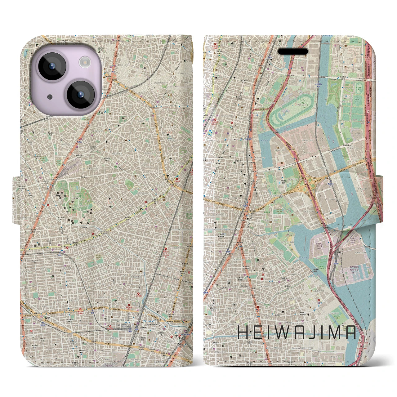 【平和島】地図柄iPhoneケース（手帳両面タイプ・ナチュラル）iPhone 14 用