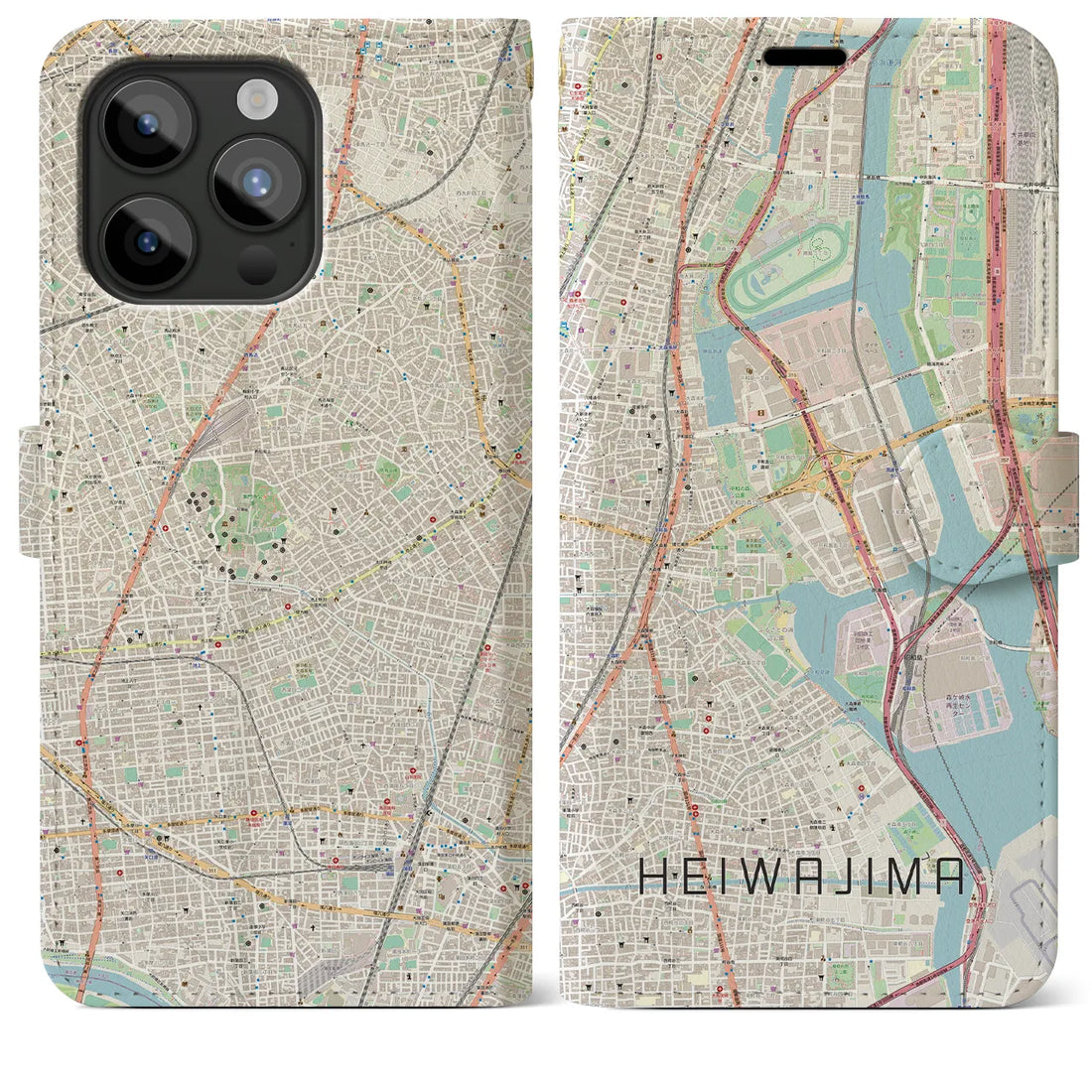 【平和島】地図柄iPhoneケース（手帳両面タイプ・ナチュラル）iPhone 15 Pro Max 用