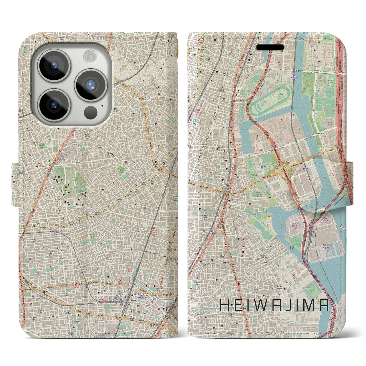【平和島】地図柄iPhoneケース（手帳両面タイプ・ナチュラル）iPhone 15 Pro 用