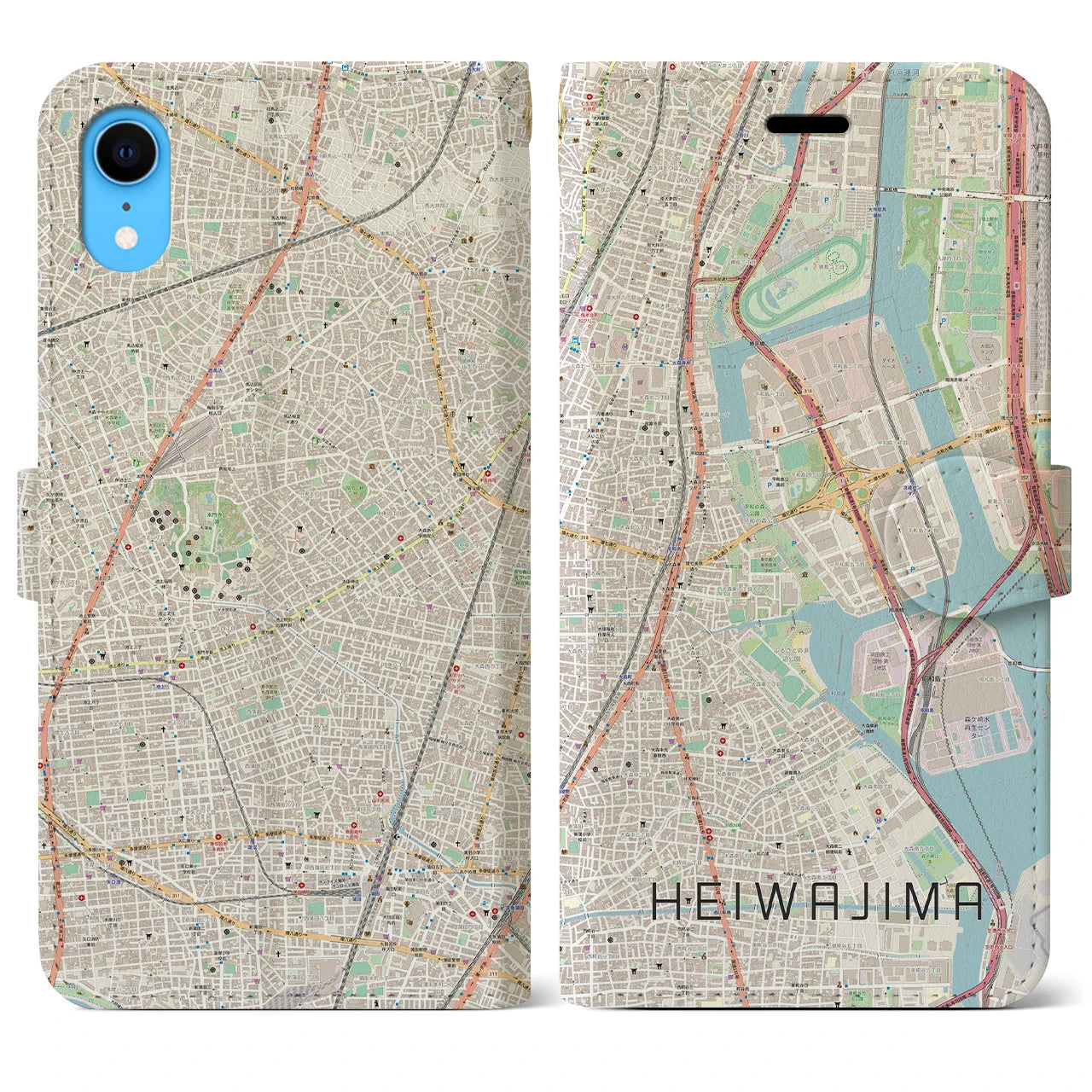【平和島】地図柄iPhoneケース（手帳両面タイプ・ナチュラル）iPhone XR 用