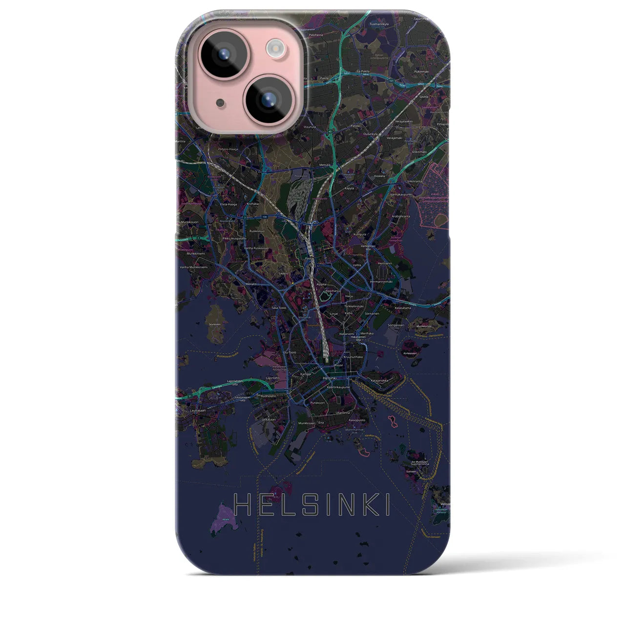【ヘルシンキ】地図柄iPhoneケース（バックカバータイプ・ブラック）iPhone 15 Plus 用