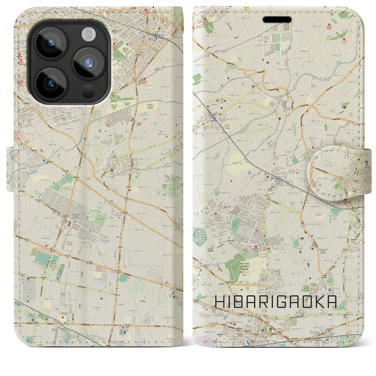 【ひばりヶ丘】地図柄iPhoneケース（手帳両面タイプ・ナチュラル）iPhone 15 Pro Max 用